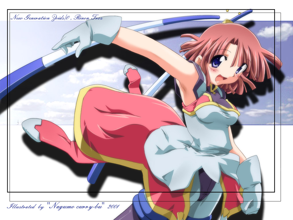 nagumo (nagumon), leena toros, rinon toros, zoids, zoids shinseiki/zero, 00s, 1girl, blue eyes, blush, female focus, gloves, pink hair, smile, solo