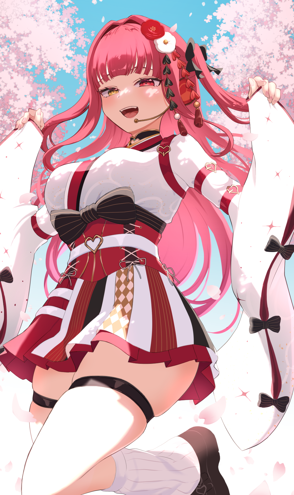 ruaruayana, houshou marine, hololive, highres, 1girl, black bow, black shoes, blue sky, blush, bow, breasts, cherry blossoms, corset, day, falling petals, flower, hair bow, hair flower, hair ornament, happy, heart, heterochromia, holding sleeve, large breasts, leg warmers, long hair, long sleeves, looking at viewer, microphone, official alternate costume, open mouth, outdoors, petals, red hair, shoes, sky, smile, solo, standing, standing on one leg, striped bow, thigh strap, very long hair, virtual youtuber, white leg warmers, wide sleeves