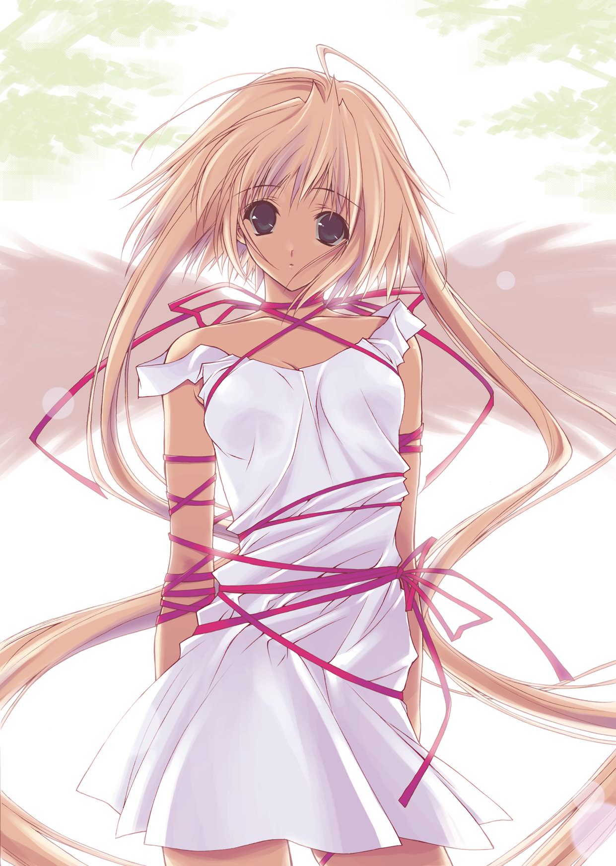 suzuhira hiro, linaria phalaenopsis, eve license organization, highres, ahoge, angel, angel wings, bdsm, blonde hair, blue eyes, bondage, dress, lens flare, long hair, no bra, off shoulder, outdoors, ribbon, ribbon bondage, short dress, solo, twintails, very long hair, wings