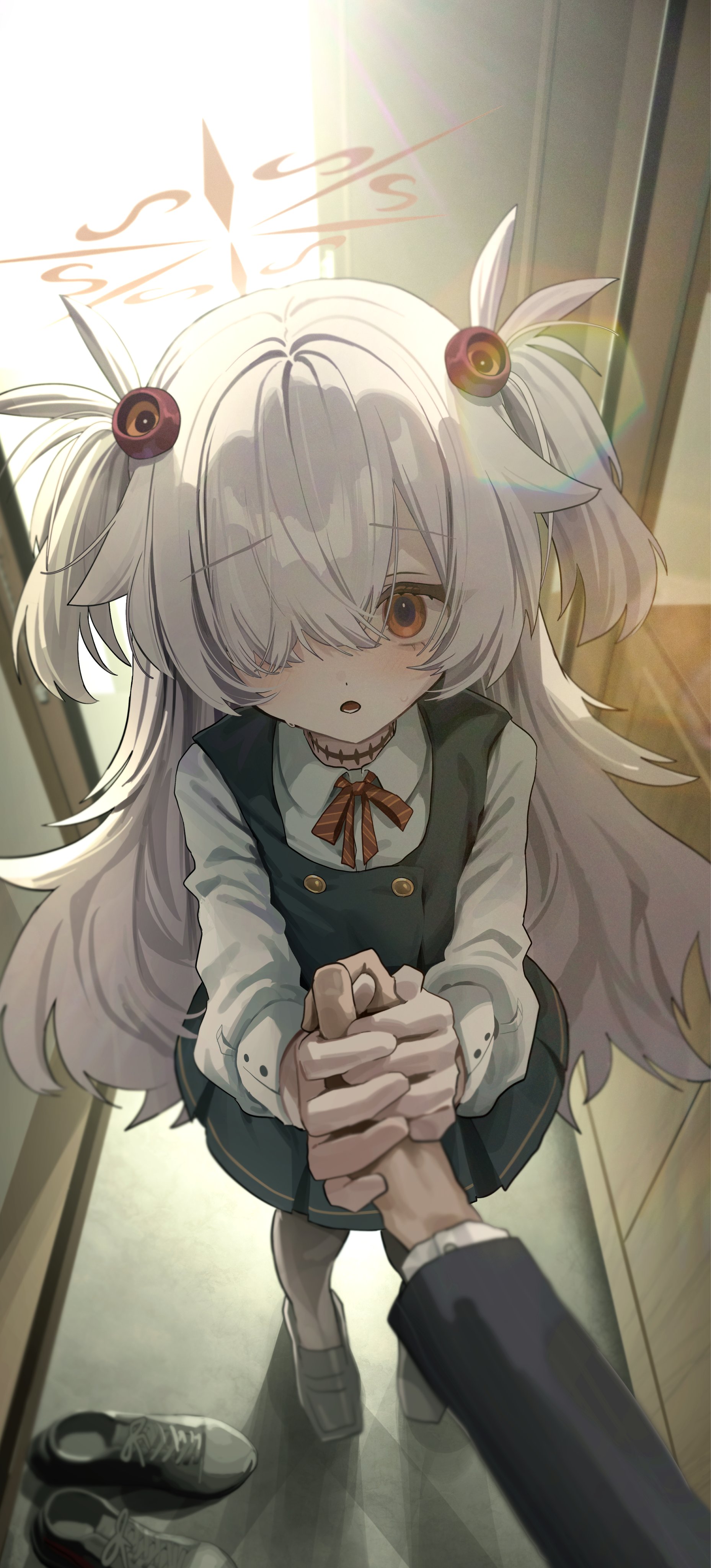 tachibana wataru (123tsuki), kanoe (blue archive), blue archive, absurdres, commentary request, highres, 1boy, 1girl, black dress, black pantyhose, blush, buttons, collared shirt, diagonal-striped ribbon, doorway, double-breasted, dress, flat chest, furrowed brow, grey hair, hair ornament, hair over one eye, halo, hand grab, indoors, lens flare, long bangs, long hair, long sleeves, lower teeth only, mary janes, messy hair, open door, open mouth, orange eyes, orange halo, own hands together, pantyhose, parted bangs, pinafore dress, pov, pov doorway, pov hands, puffy long sleeves, puffy sleeves, red ribbon, ribbon, scar, scar on neck, shirt, shoes, short twintails, sidelocks, sleeve cuffs, sleeveless, sleeveless dress, solo, standing, sunlight, teeth, twintails, unworn shoes, very long hair, white shirt