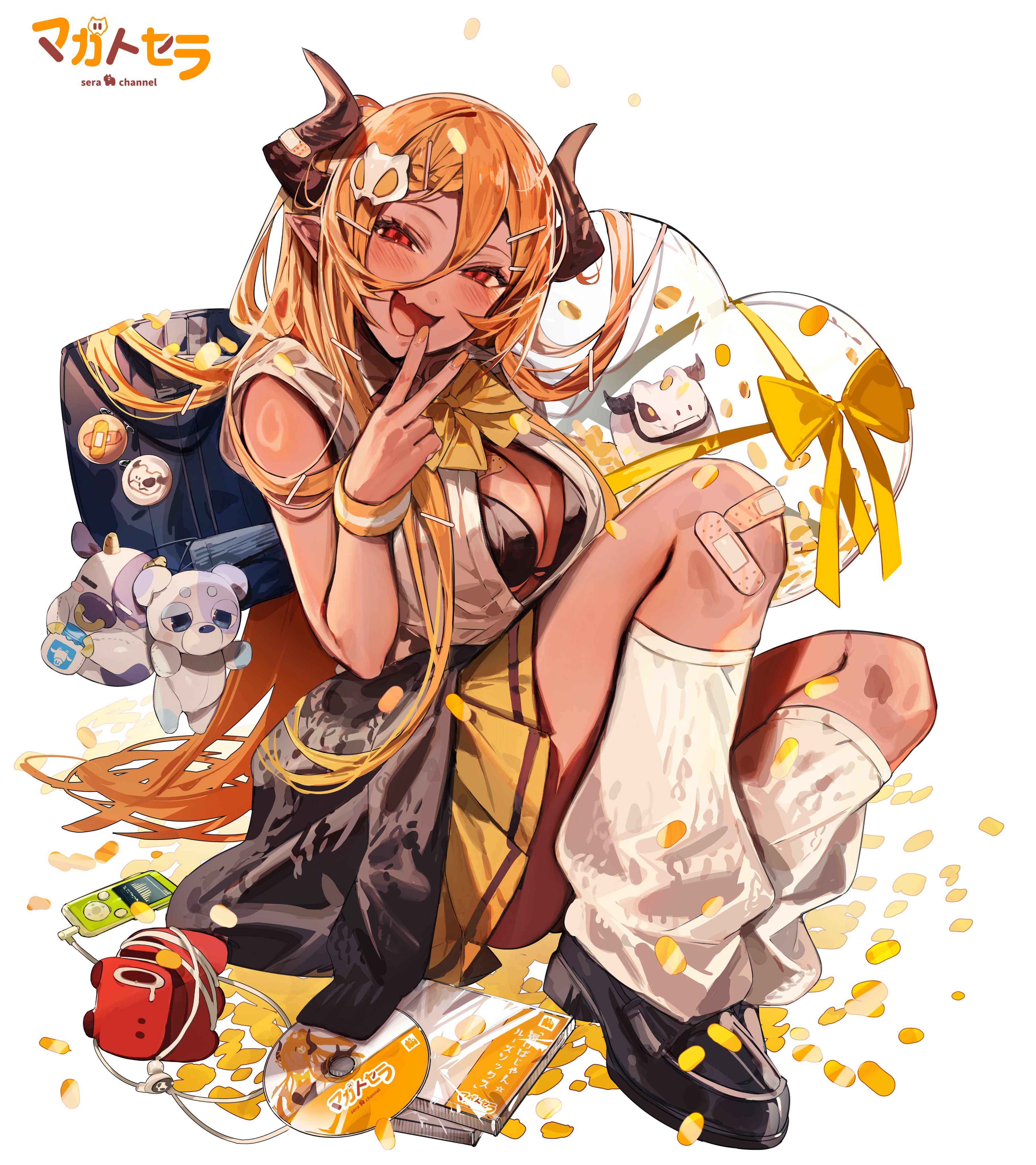 mayutsuba mono, indie virtual youtuber, absurdres, highres, 1girl, bandaid, bandaid on leg, black bra, black horns, bra, breasts, cleavage, hair between eyes, hair ornament, hairclip, horns, long hair, loose socks, magato sera, open mouth, orange hair, pleated skirt, red eyes, shirt, shoes, sitting, skirt, smile, socks, solo, underwear, v, virtual youtuber, white shirt, white socks, yellow skirt