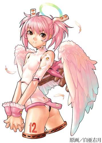 hakua ugetsu, psikyo, lowres, 1girl, android, angel, angel wings, ass, brown eyes, detached sleeves, doll joints, feathers, female focus, flat ass, flat chest, from behind, hair ornament, halo, joints, leotard, looking back, nail polish, own hands clasped, own hands together, pink hair, pink nails, short hair, short twintails, simple background, smile, solo, tattoo, turtleneck, twintails, wings, wrist cuffs