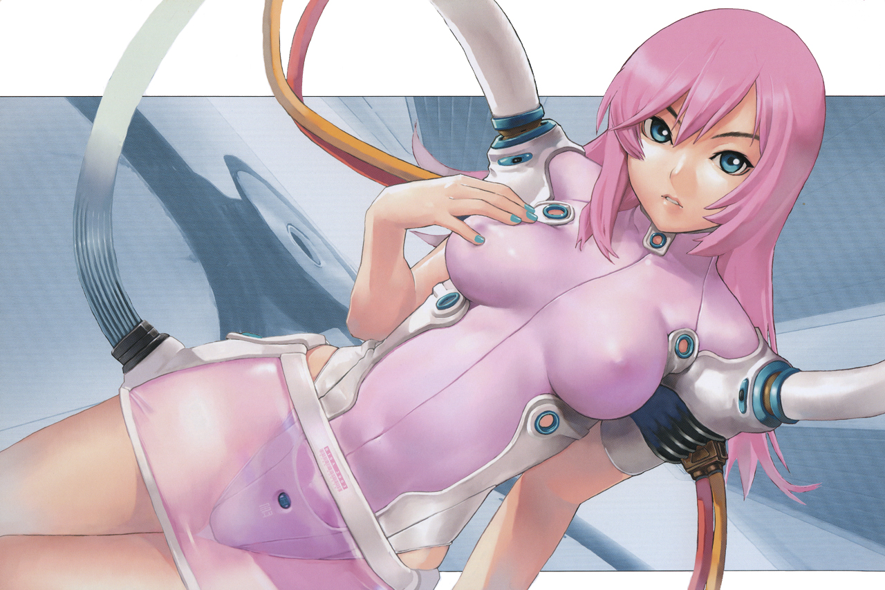 hakua ugetsu, lisa.com, psikyo, taisen hot gimmick, taisen hot gimmick 3, official art, official wallpaper, scan, 1girl, aqua nails, blue eyes, bodysuit, breasts, cable, covered erect nipples, dutch angle, female focus, grabbing another's breast, grabbing own breast, gradient background, groping, hgpink, large breasts, latex, leotard, long hair, looking at viewer, miniskirt, nail polish, parted bangs, pink hair, science fiction, see-through clothes, shiny clothes, sidelocks, skin tight, skirt, solo, thigh gap, thighs, turtleneck
