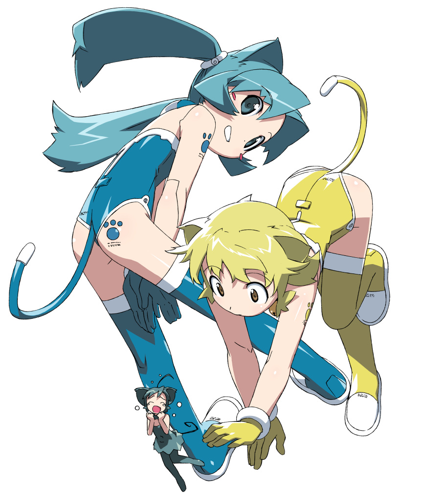 kanzaki hiro, blue legwear, yellow legwear, 3girls, android, animal ears, aqua boots, aqua leotard, aqua thighhighs, blonde hair, blue eyes, blue gloves, blue hair, blush stickers, boots, cat ears, cat girl, cat tail, chasing, full body, giant, giantess, gloves, grin, joints, leotard, loli, long hair, looking back, looking down, markings, mini person, minigirl, mouse ears, mouse tail, multiple giantesses, multiple girls, paw print, robot, robot joints, scared, short hair, simple background, smile, tail, thigh boots, thighhighs, twintails, white background, yellow boots, yellow eyes, yellow gloves