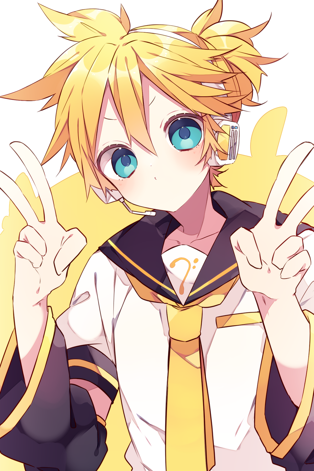 kaho 0102, kagamine len, vocaloid, commentary request, highres, 1boy, arm warmers, bass clef, black sailor collar, blonde hair, blue eyes, blush, closed mouth, collarbone, double-parted bangs, double v, hair between eyes, hands up, headset, looking at viewer, male focus, necktie, sailor collar, shirt, short hair, short sleeves, solo, two-tone background, upper body, v, v-shaped eyebrows, white background, white shirt, yellow background, yellow necktie