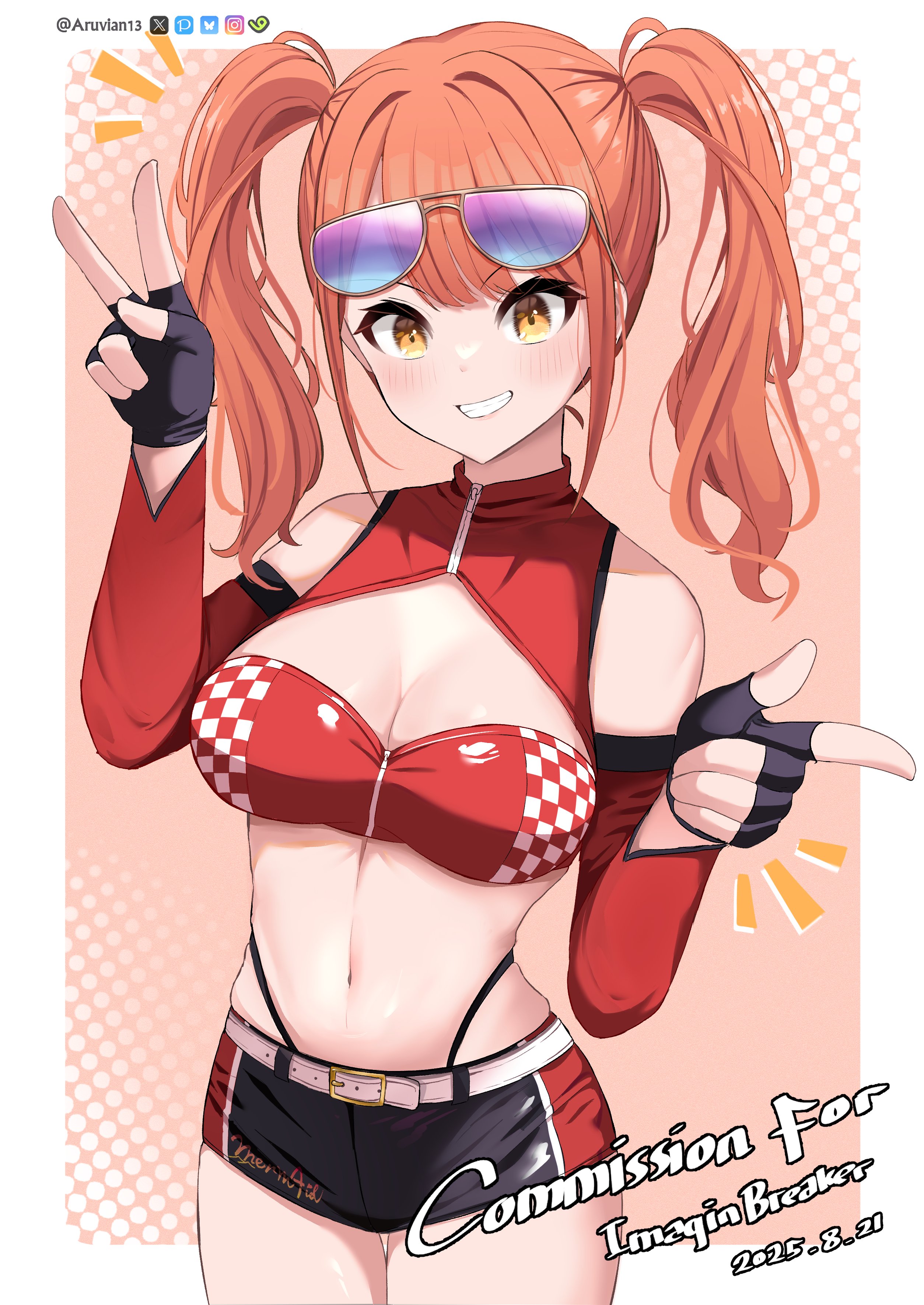 aruvian13, seto rika, d4dj, absurdres, commission, highres, 1girl, alternate costume, belt, black gloves, blush, breasts, eyewear on head, feet out of frame, glasses, gloves, looking at viewer, medium breasts, navel, red eyes, red hair, shorts, smile, solo, standing, stomach, twintails, v