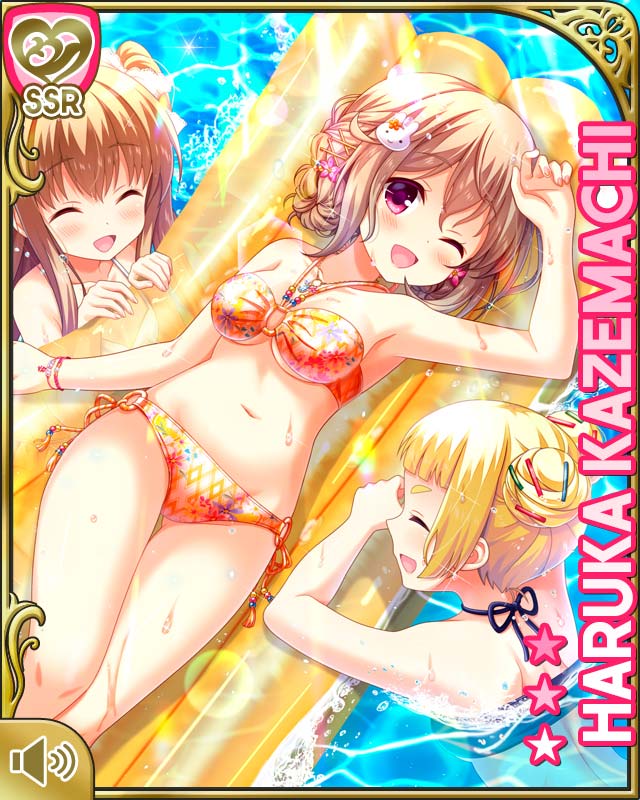 qp:flapper, asahina momoko, kazemachi haruka, yomogida sumire, girlfriend (kari), official art, 3girls, ;d, bare arms, bare legs, bare shoulders, barefoot, beach, bikini, blonde hair, blue bikini, brown hair, card (medium), character name, closed eyes, day, double bun, female focus, floating, hair bun, hair ornament, hairclip, inflatable raft, looking at viewer, lying, midriff, multiple girls, ocean, on back, one eye closed, one side up, open mouth, orange bikini, outdoors, pink eyes, purple eyes, rabbit hair ornament, seashell, shell, short hair, skirt, smile, splashing, swimsuit, tropical