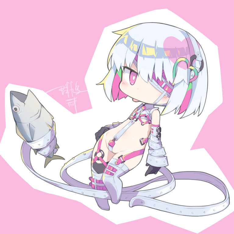 murabatodenki, porno (dohna dohna), dohna dohna issho ni warui koto o shiyou, 1girl, black gloves, blush, bright pupils, chibi, chibi only, crotch strap, eyepatch, fish, gloves, lock, looking at viewer, no mouth, no nose, o-ring, padlock, pink background, pink eyes, short hair, signature, thighhighs, white pupils, white thighhighs, wide hips