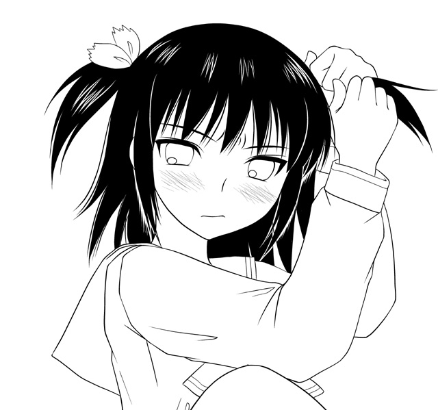 ogiue chika, yuzuhara konomi, genshiken, to heart (series), to heart 2, 1girl, cosplay, female focus, greyscale, monochrome, simple background, solo, white background, yuzuhara konomi (cosplay)