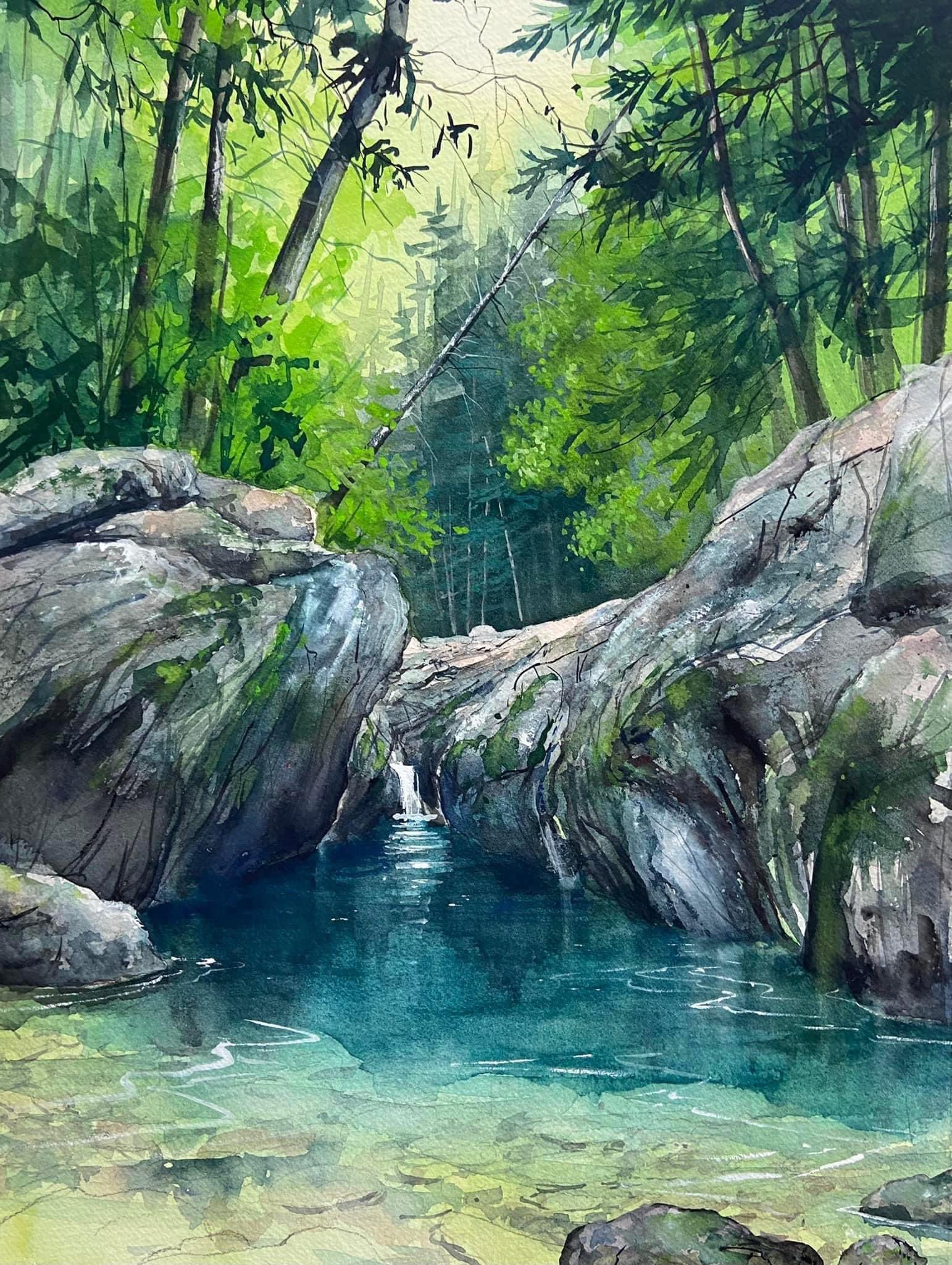 kate avery, original, commentary, english commentary, highres, oil painting (medium), painting (medium), traditional media, boulder, day, forest, nature, no humans, outdoors, river, scenery, tree, water