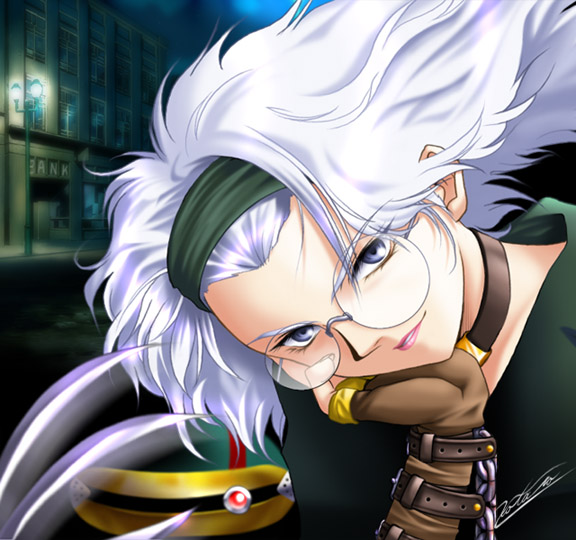 aizawa kotarou, lobelia carlini, sakura taisen, sakura taisen iii, silver hair, 00s, 1girl, choker, female focus, fingerless gloves, floating hair, glasses, gloves, grey eyes, hairband, head rest, head tilt, lamppost, lipstick, looking at viewer, makeup, portrait, solo