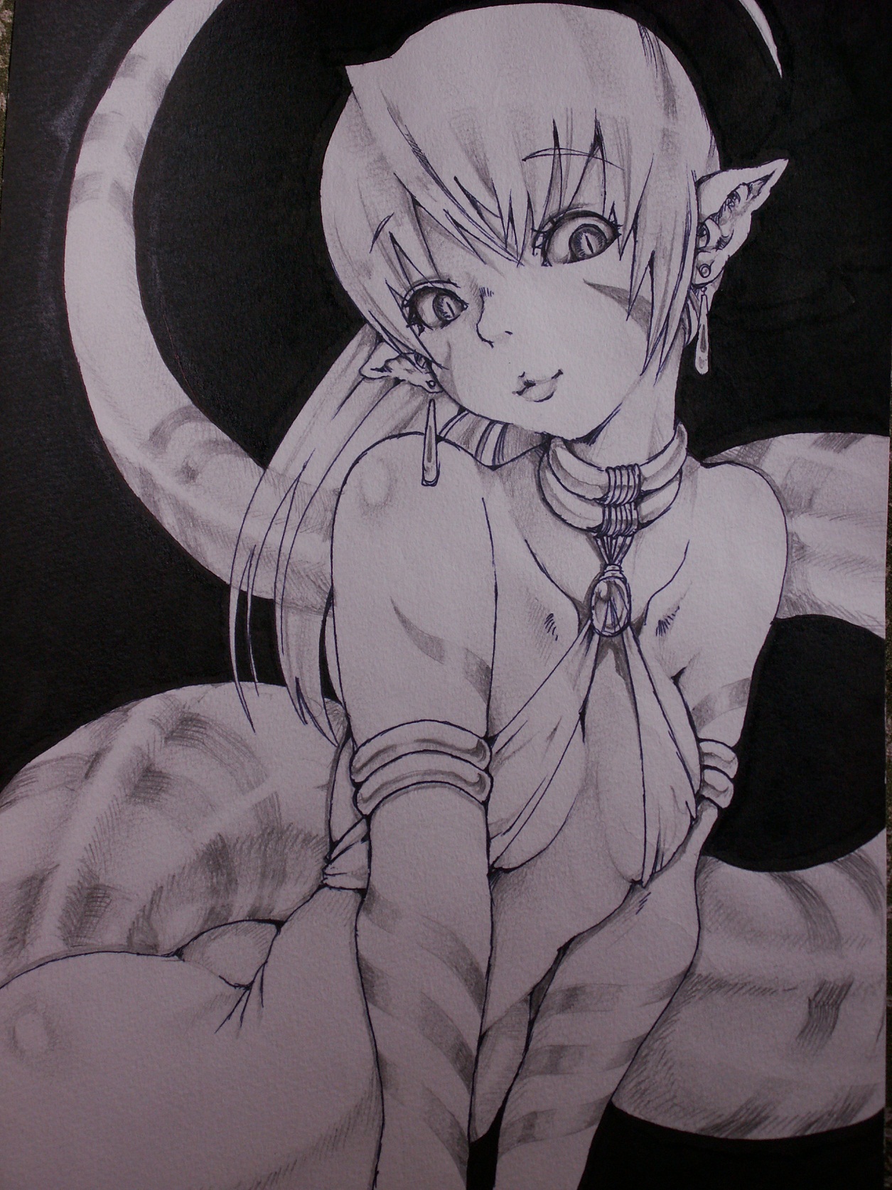 inoe, original, graphite (medium), highres, traditional media, 1girl, :3, amulet, armlet, bare shoulders, black background, bottomless, bra, breasts, earrings, facial mark, greyscale, head tilt, jewelry, lamia, leaning forward, long hair, looking at viewer, looking down, monochrome, monster girl, pointy ears, puckered lips, simple background, slit pupils, small breasts, smile, snake tail, solo, striped skin, tail, underwear