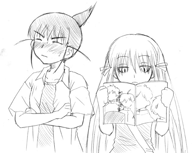 ogiue chika, susanna hopkins, genshiken, > <, 00s, 2girls, blush, closed eyes, embarrassed, fujoshi, greyscale, monochrome, multiple girls, pornography, reading, simple background, sketch, sweatdrop, white background, yaoi (object)