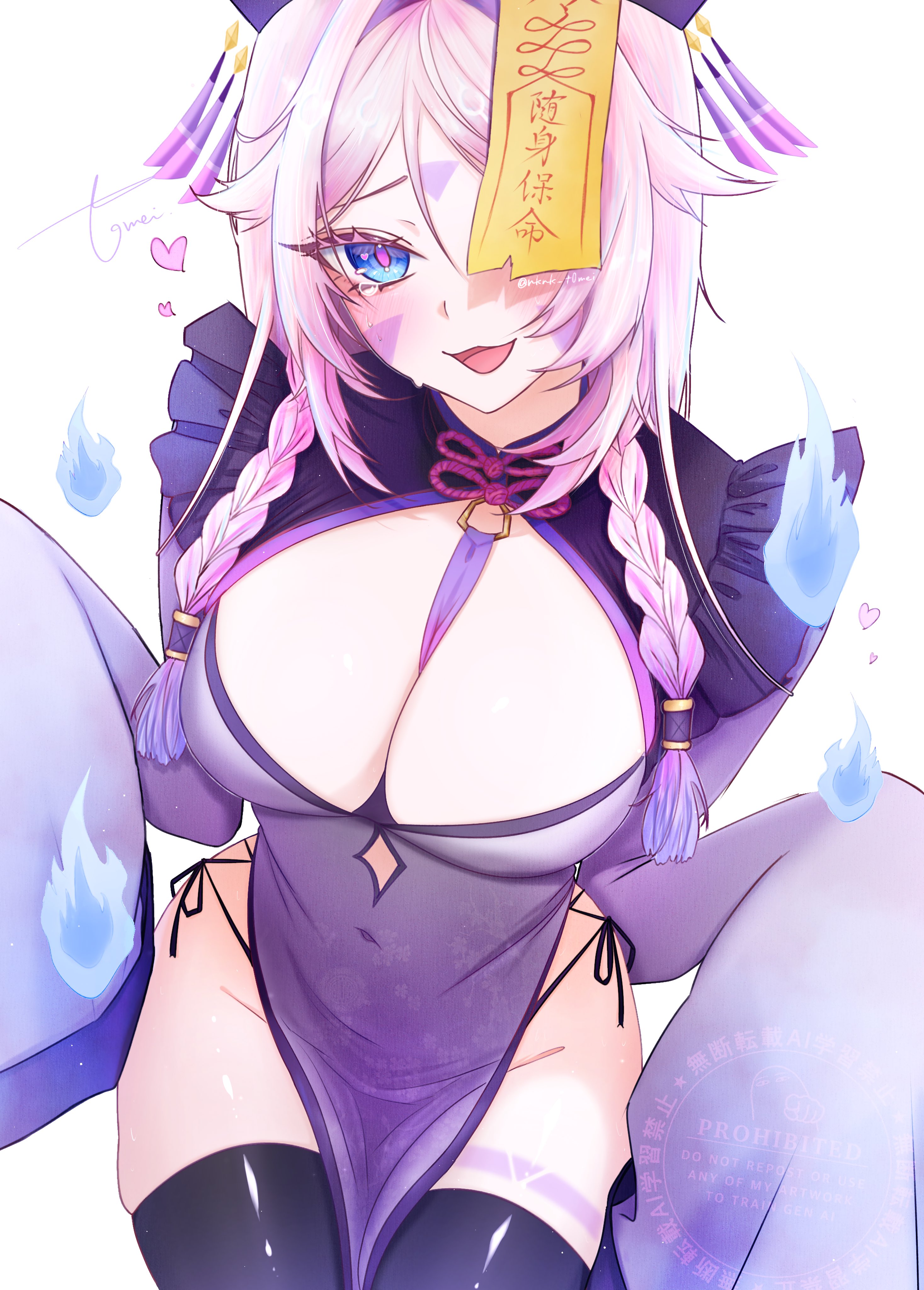li lll il, citlali (genshin impact), genshin impact, absurdres, commentary, highres, symbol-only commentary, 1girl, alternate costume, black panties, black thighhighs, blue eyes, blue fire, breasts, china dress, chinese clothes, cleavage, dress, facial mark, fire, large breasts, long hair, ofuda, open mouth, panties, pink hair, purple dress, simple background, solo, thighhighs, thighs, triangle, triangle facial mark, underwear, white background