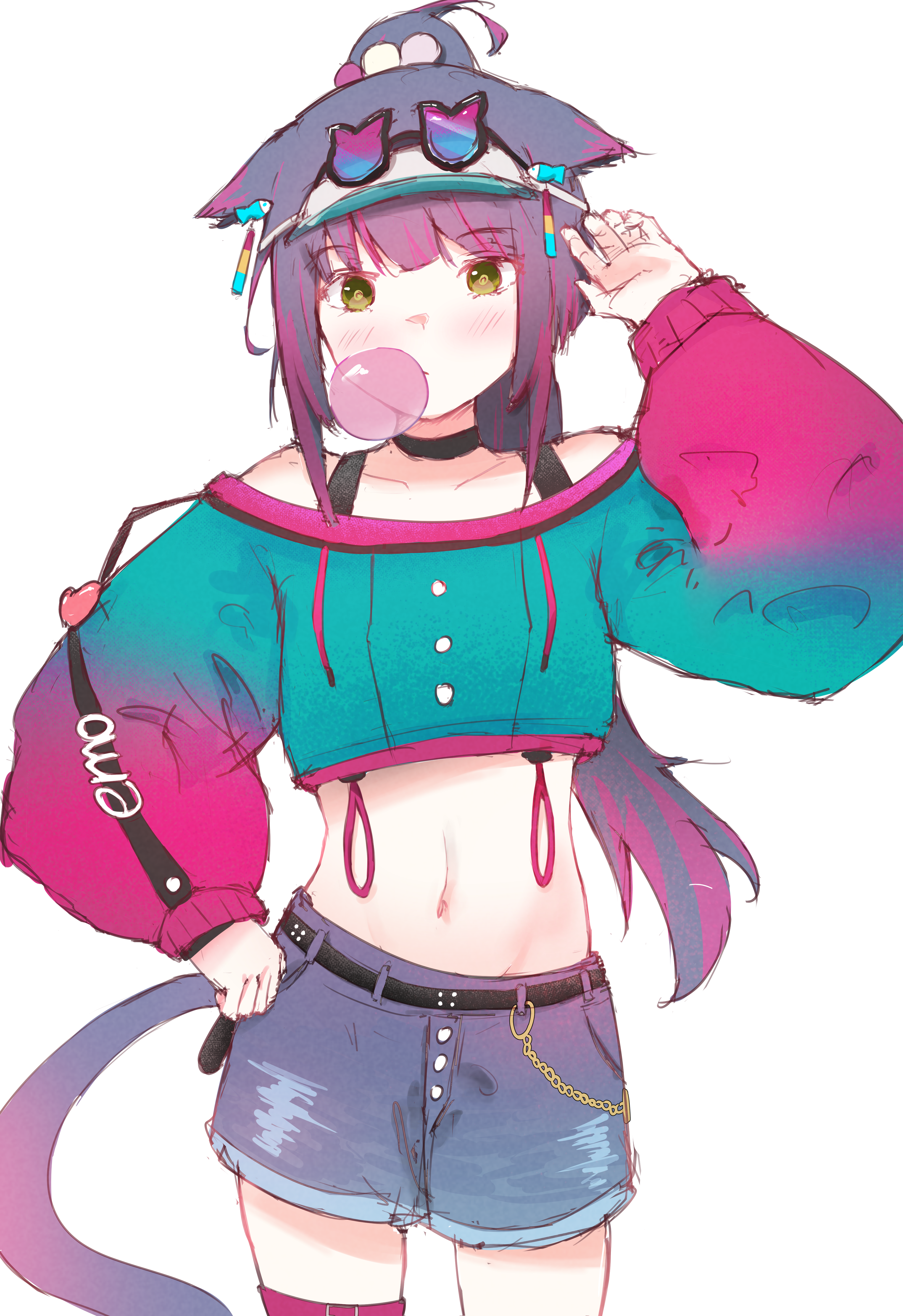 ald (arudoo), jessica (arknights), ambience synesthesia, arknights, absurdres, commentary, highres, 1girl, animal ears, arm up, bare shoulders, black choker, blowing bubble gum, blush, chewing gum, choker, cowboy shot, crop top, cropped shirt, green shirt, groin, hand on own hip, long hair, long sleeves, midriff, multicolored hair, navel, off shoulder, official alternate costume, pink hair, pink shirt, pink theme, puffy long sleeves, puffy sleeves, purple hair, purple shorts, shirt, shorts, simple background, single thighhigh, solo, standing, streaked hair, tail, thighhighs, white background, yellow eyes