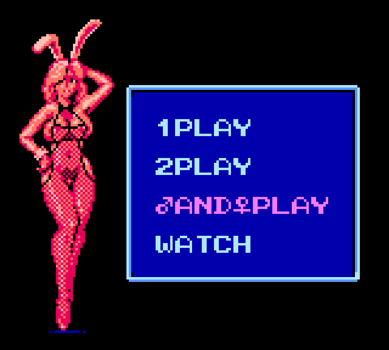 saiwai hiroshi, quarter back scramble, 1girl, animal ears, arm behind head, arm up, black background, black bow, black bowtie, black eyes, bow, bowtie, breasts, bunny day, cleavage, colored skin, fake animal ears, grin, hand on own hip, large breasts, leotard, long hair, looking at viewer, navel, nude, one eye closed, pixel art, playboy bunny, pubic hair, pussy, rabbit ears, red hair, red skin, revealing clothes, sideboob, smile, standing, teeth, wink