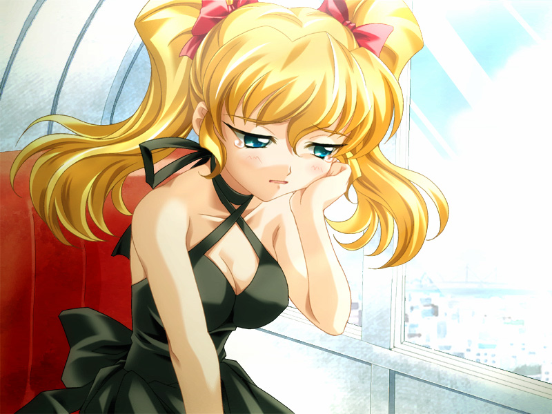 baka ouji persia, daikuuji ayu, kimi ga nozomu eien, game cg, 00s, 1girl, bare shoulders, blonde hair, bow, breasts, cleavage, dress, elbow rest, female focus, hair bow, halterneck, head rest, large breasts, sad, solo, tears, twintails, window
