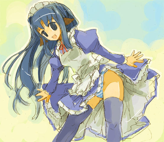 momiji mao, 1girl, animal ears, apron, blue dress, blue eyes, blue hair, blue panties, blue skirt, blue theme, bow, dog ears, dress, female focus, headdress, lingerie, long hair, maid, maid apron, matching hair/eyes, panties, pantyshot, petticoat, skirt, solo, striped clothes, striped panties, thighhighs, underwear, upskirt, wind, wind lift