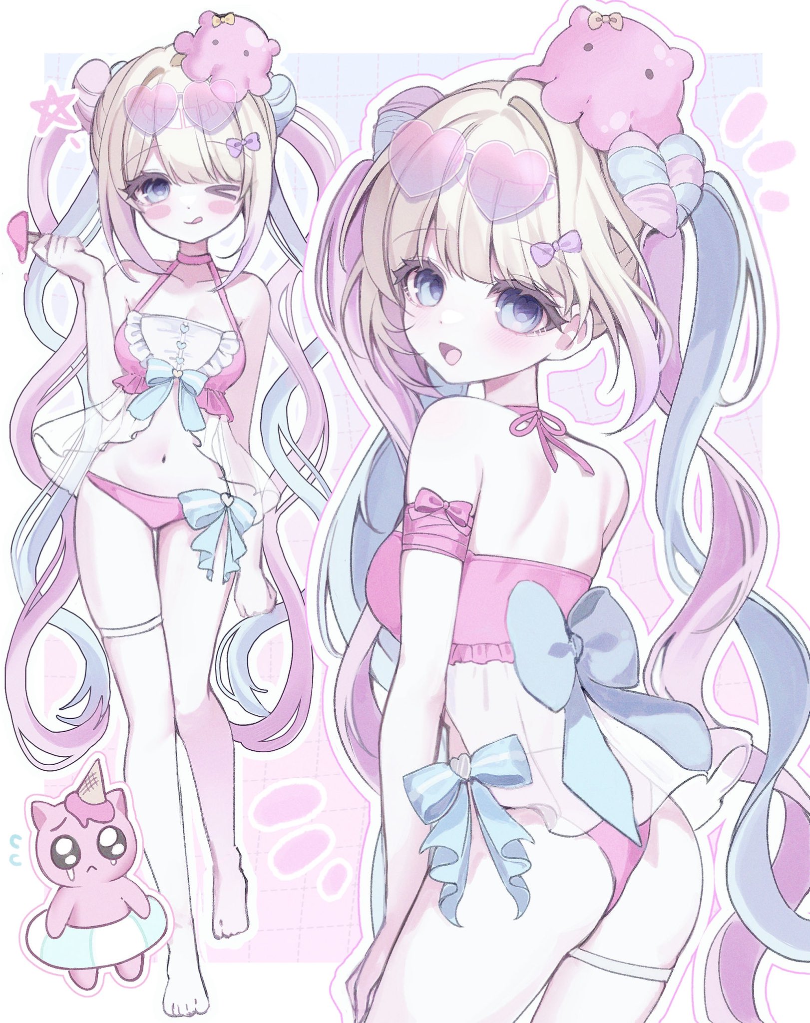 ttede (0984mony), chouzetsusaikawa tenshi-chan, chouzetsusaikawa tenshi-chan (mizugi), pien cat (needy girl overdose), needy girl overdose, highres, > o, 1girl, ;p, ass, bare shoulders, barefoot, bikini, blonde hair, blue bow, blue eyes, blue hair, bow, breasts, cat, double bun, emoji, eyewear on head, food, full body, hair bow, hair bun, heart, heart-shaped eyewear, holding, holding food, holding popsicle, innertube, long hair, looking at viewer, looking back, melting popsicle, multicolored hair, multiple views, navel, octopus, one eye closed, open mouth, outline, pink bikini, pink hair, pleading face emoji, popsicle, quad tails, smile, solo, standing, swim ring, swimsuit, tongue, tongue out, very long hair, white outline