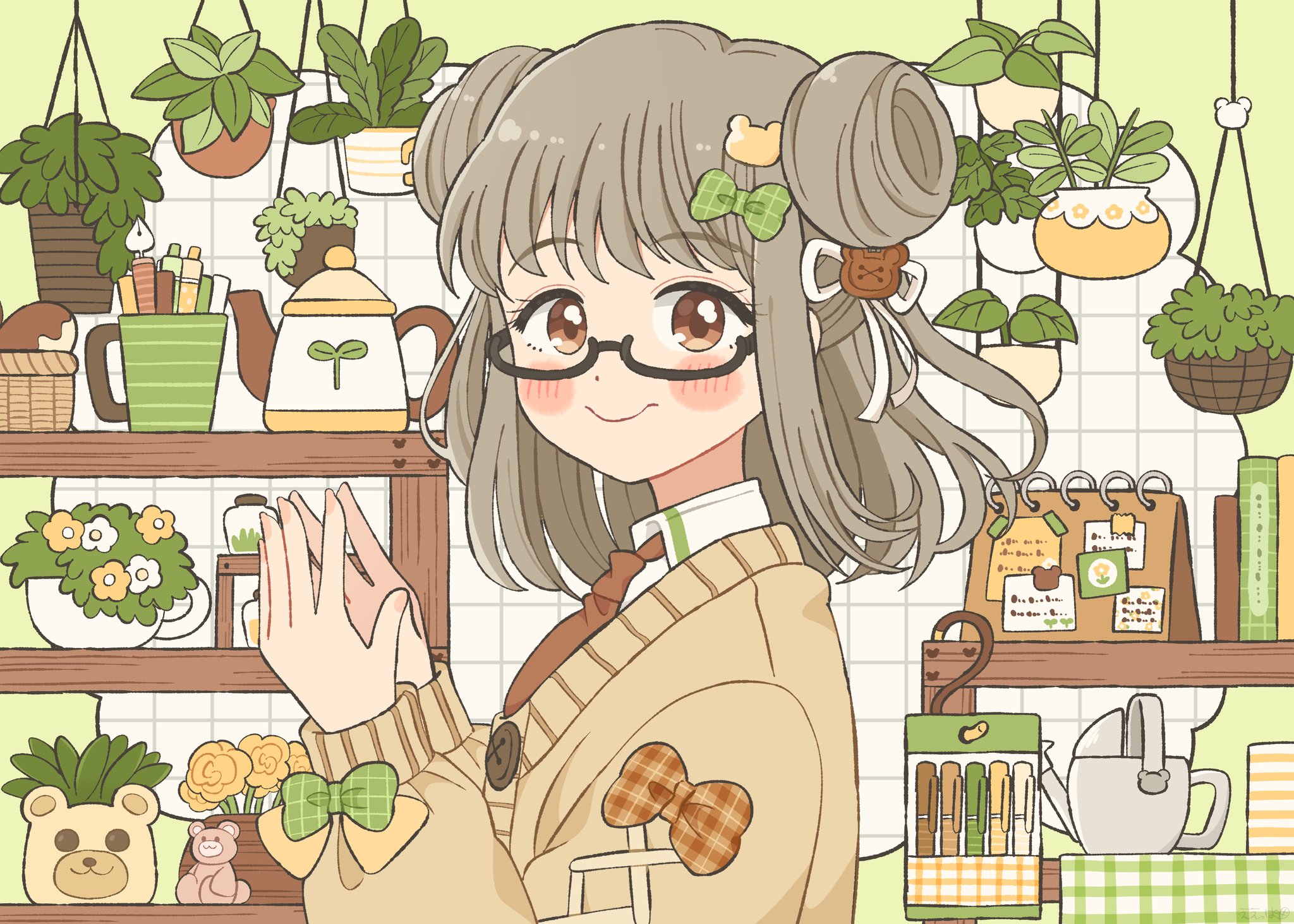 eeppa, original, commentary request, highres, 1girl, bear hair ornament, black-framed eyewear, blush stickers, border, bow, brown cardigan, brown eyes, brown necktie, cardigan, closed mouth, cup, double bun, glasses, green border, green bow, grey hair, grid background, hair bow, hair bun, hair ornament, hands up, long hair, long sleeves, looking at viewer, necktie, outside border, pen, plant, potted plant, semi-rimless eyewear, sleeve bow, smile, solo, teapot, under-rim eyewear, upper body, white background
