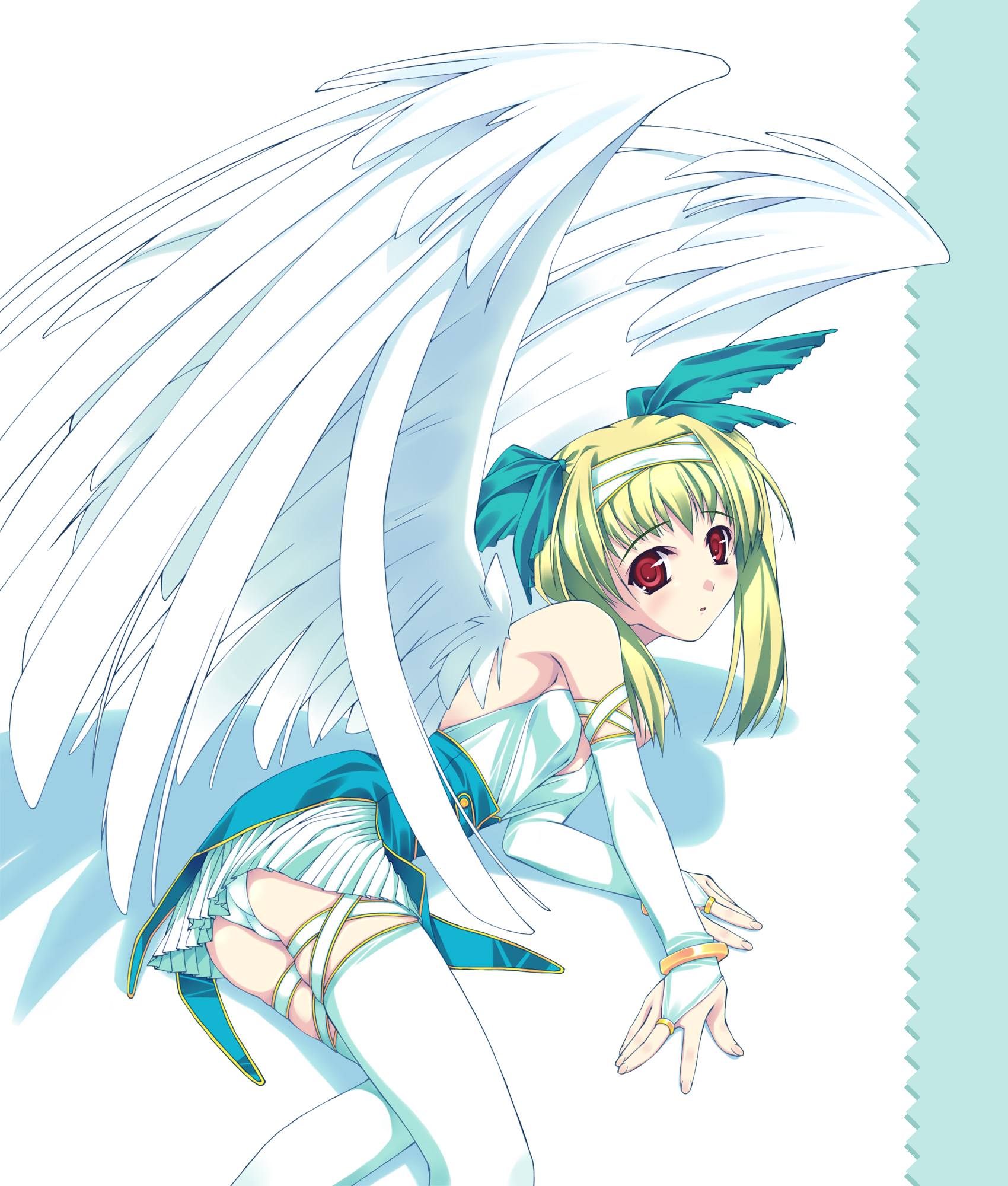murakami suigun, f-ism, highres, 1girl, angel, angel wings, blonde hair, blouse, bracelet, bridal gauntlets, elbow gloves, female focus, gloves, green panties, green ribbon, hair ribbon, headband, jewelry, lying, miniskirt, on side, panties, pantyshot, pleated skirt, red eyes, ribbon, shirt, short hair, skirt, solo, thighhighs, underwear, upskirt, white bridal gauntlets, white gloves, white panties, white thighhighs, wings