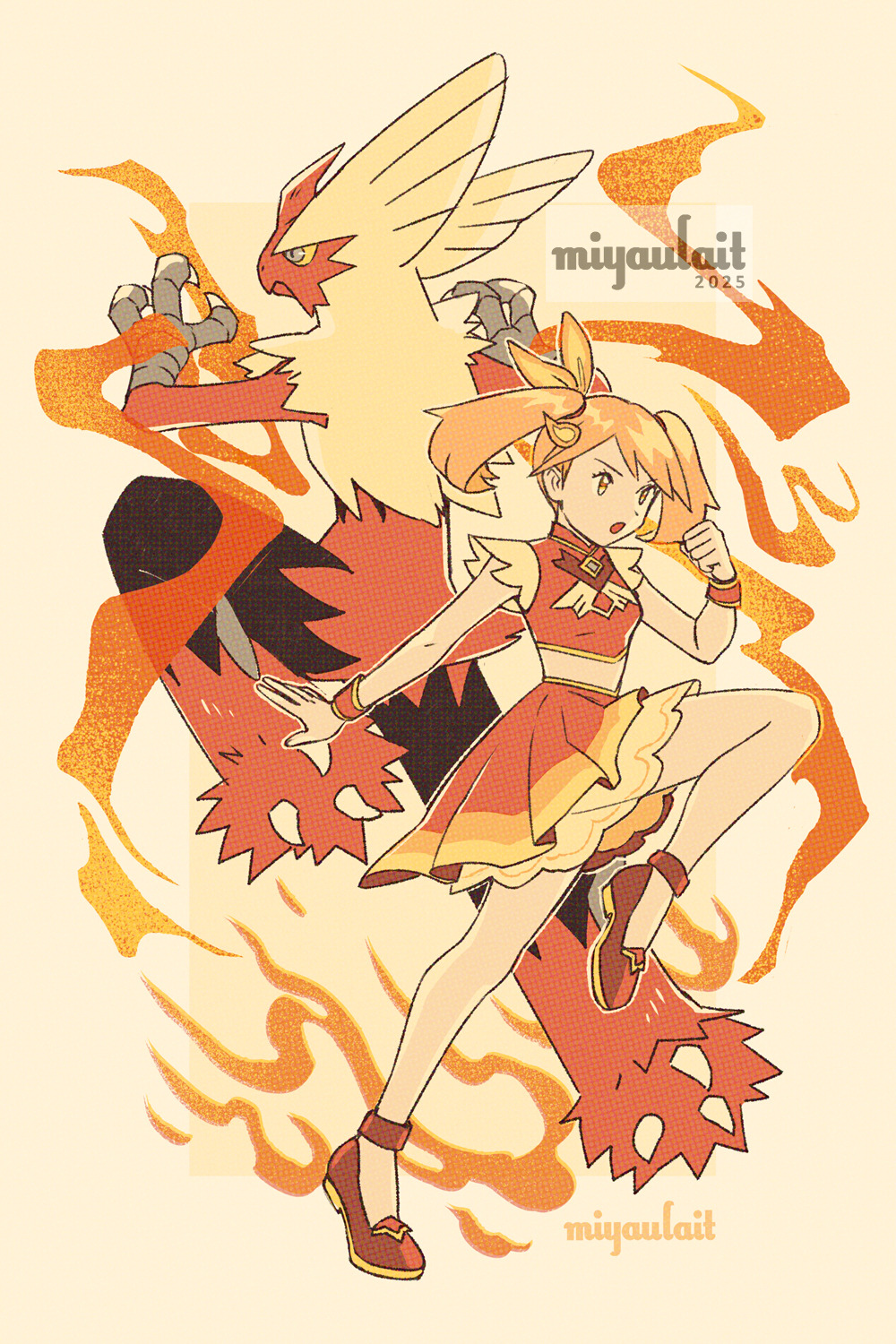 miyaulait, blaziken, may (pokemon), may (sygna suit) (pokemon), mega blaziken, nintendo, pokemon, pokemon masters ex, highres, 1girl, 2025, artist logo, blue sclera, clenched hand, colored sclera, fire, full body, gen 3 pokemon, logo, mega pokemon, midriff, official alternate costume, open mouth, orange theme, pokemon (creature), red shoes, shoes, standing, standing on one leg