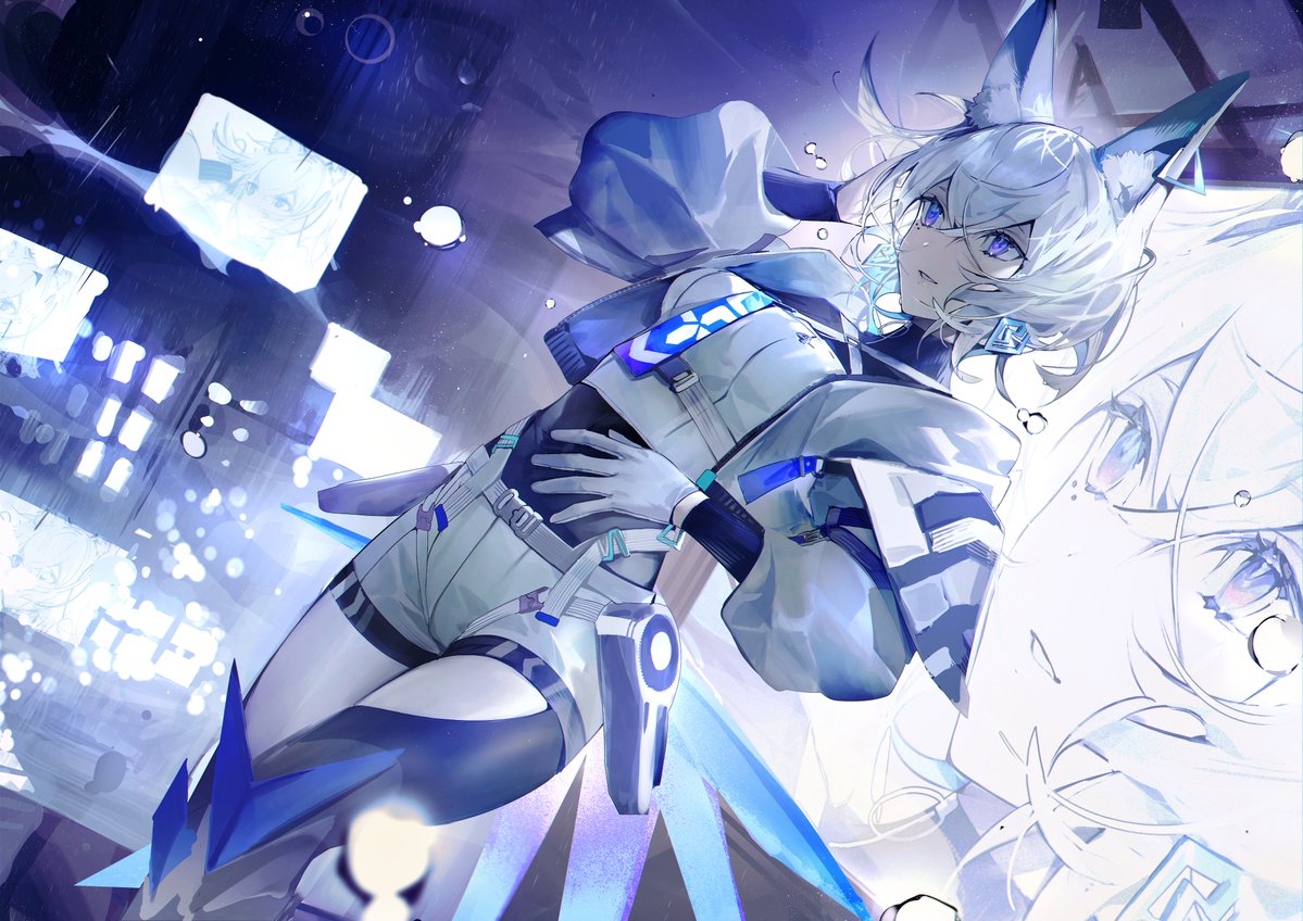 mayutsuba mono, cevio, kamitsubaki studio, 1girl, animal ear fluff, animal ears, black undershirt, blue eyes, blue hair, boots, coko (cevio), colored inner hair, earrings, fox ears, gloves, hair ornament, jacket, jewelry, knee boots, long sleeves, multicolored hair, open clothes, open jacket, parted lips, short hair, shorts, single knee boot, white gloves, white hair, white jacket, white shorts