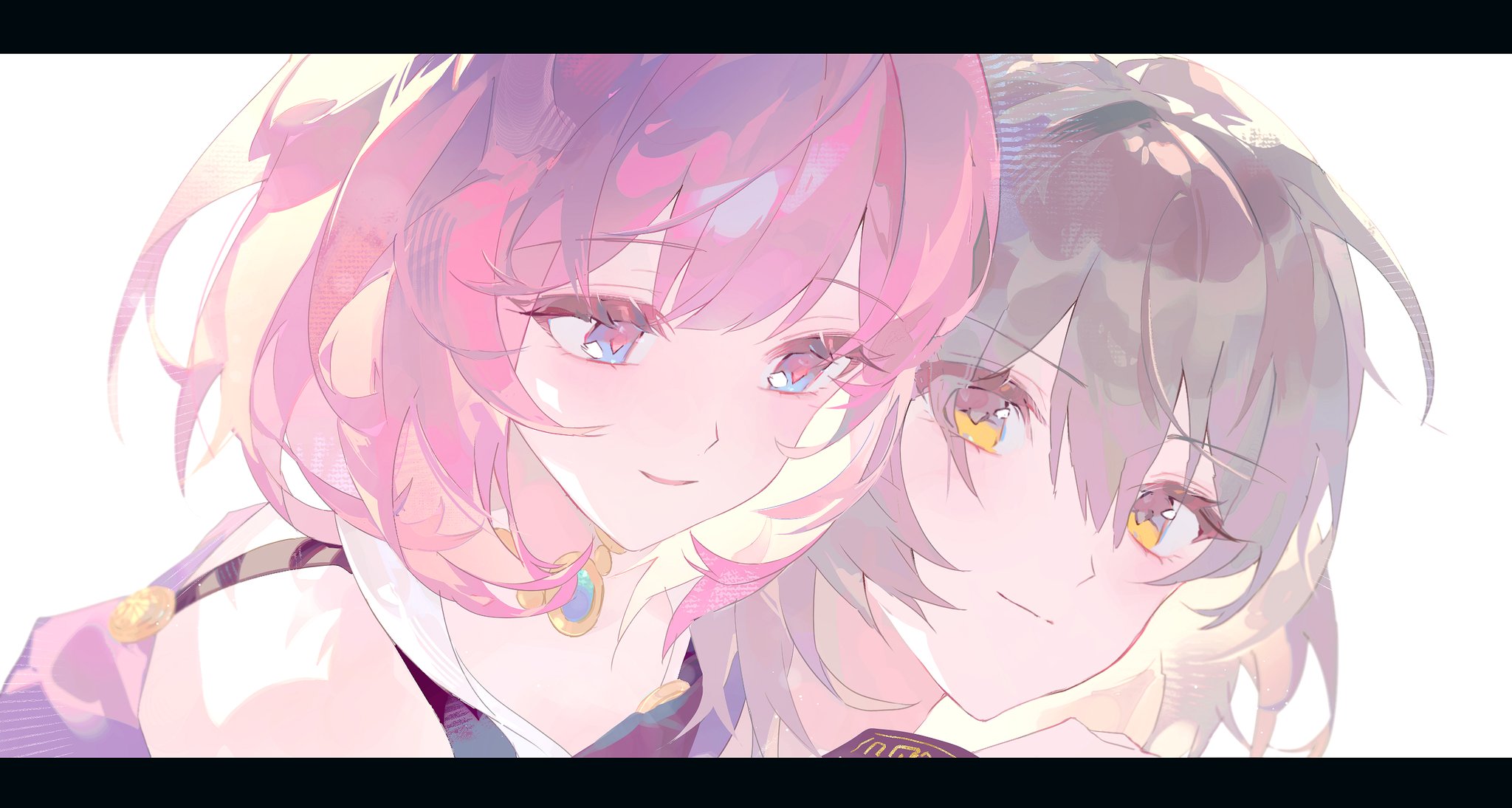 cyrene (honkai: star rail), stelle (honkai: star rail), trailblazer (honkai: star rail), honkai: star rail, honkai (series), hashtag-only commentary, highres, 2girls, blush, grey hair, jewelry, letterboxed, multiple girls, necklace, pink hair, pink pupils, portrait, shiita34, short hair, simple background, smile, white background, yellow eyes