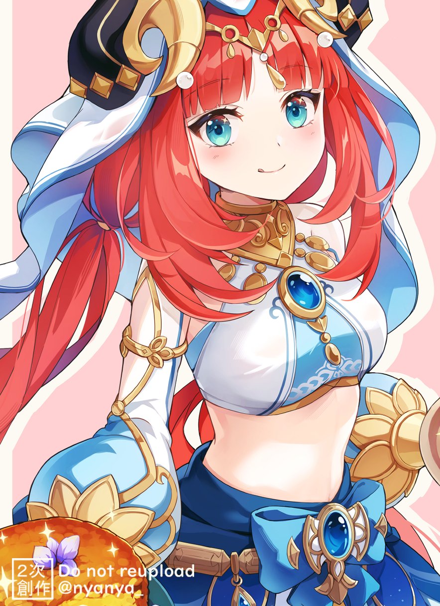 nyanya, nilou (genshin impact), genshin impact, commentary request, highres, 1girl, :q, artist name, black horns, blue brooch, blue eyes, blue skirt, breasts, brooch, cowboy shot, crop top, fake horns, harem outfit, horns, jewelry, long hair, long sleeves, looking at viewer, low twintails, midriff, puffy long sleeves, puffy sleeves, red hair, skirt, small breasts, solo, tongue, tongue out, twintails, veil, watermark, white veil