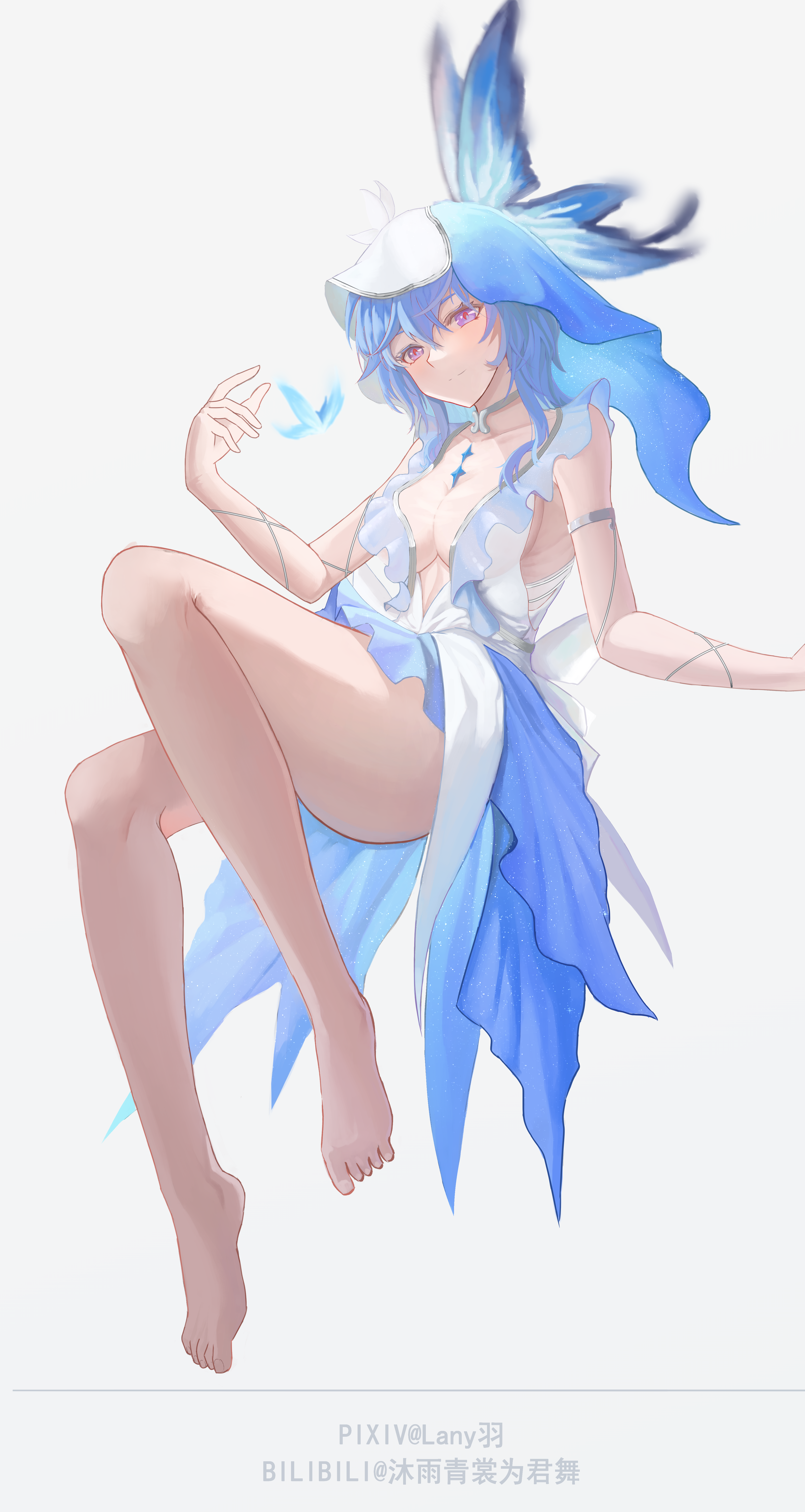 lany-yuyu-1097, shorekeeper (wuthering waves), wuthering waves, absurdres, commentary, highres, 1girl, armlet, bare legs, barefoot, blue butterfly, blue hair, blue veil, breasts, bug, butterfly, closed mouth, colored eyelashes, dress, feet, full body, grey background, hair between eyes, hand up, insect, jewelry, legs, long hair, looking at animal, medium breasts, purple eyes, simple background, sleeveless, sleeveless dress, solo, toes, two-tone veil, veil, white dress, white veil