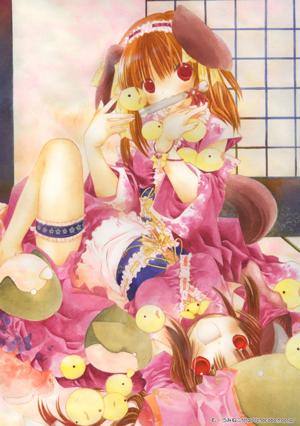 moo (umineko), 2girls, :d, animal ears, bird, bone, brown hair, detached sleeves, dog ears, frilled thigh strap, hairband, japanese clothes, lolita hairband, looking at viewer, lying, mouth hold, multiple girls, on back, open mouth, penguin, red eyes, ribbon trim, shouji, sitting, sliding doors, smile, tail, thigh strap, watermark, web address