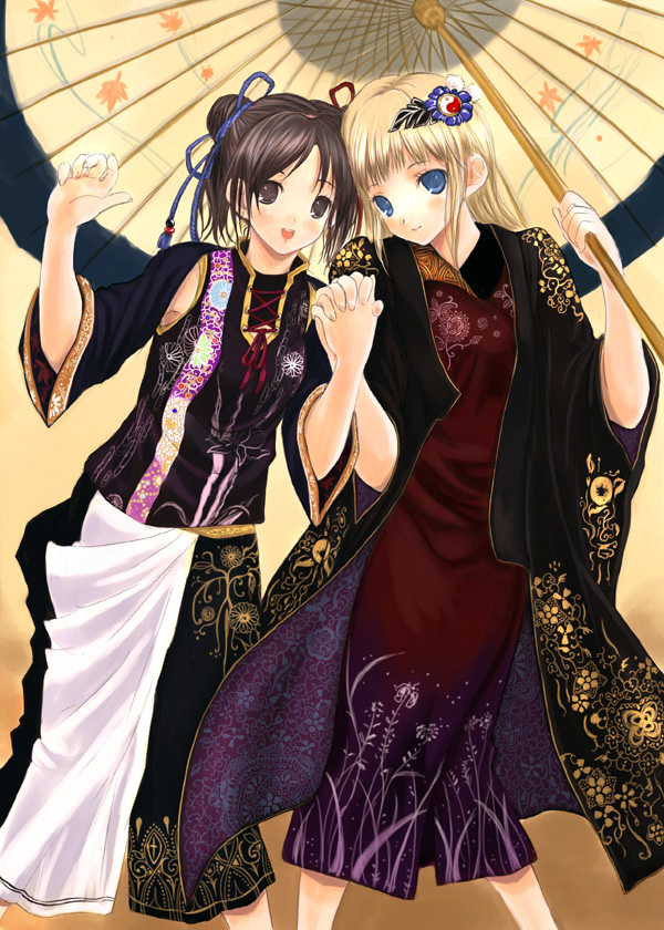 mikazukimo, original, 2girls, black eyes, black hair, blonde hair, blue eyes, hair ornament, holding hands, multiple girls, oil-paper umbrella, umbrella