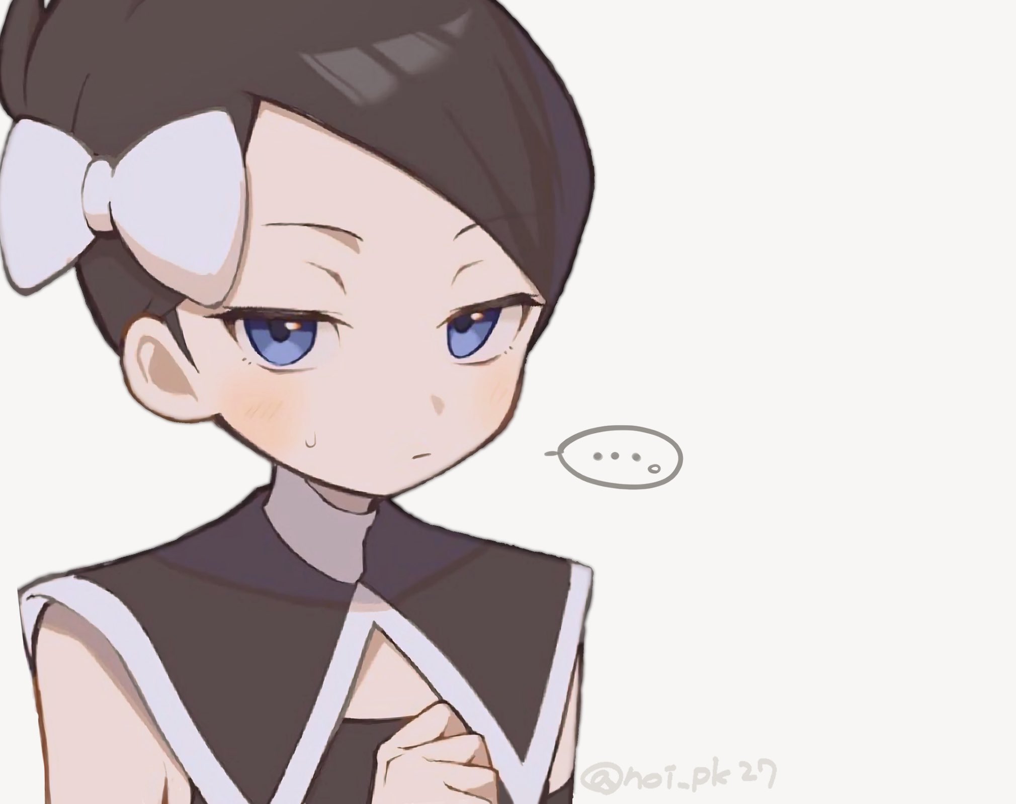 noi (noi pk27), marley (pokemon), nintendo, pokemon, pokemon dppt, highres, …, 1girl, blue eyes, bow, capelet, closed mouth, hair bow, half-closed eyes, hand up, light blush, looking at viewer, short hair, solo, spoken ellipsis, sweatdrop, twitter username, upper body, white background, white bow