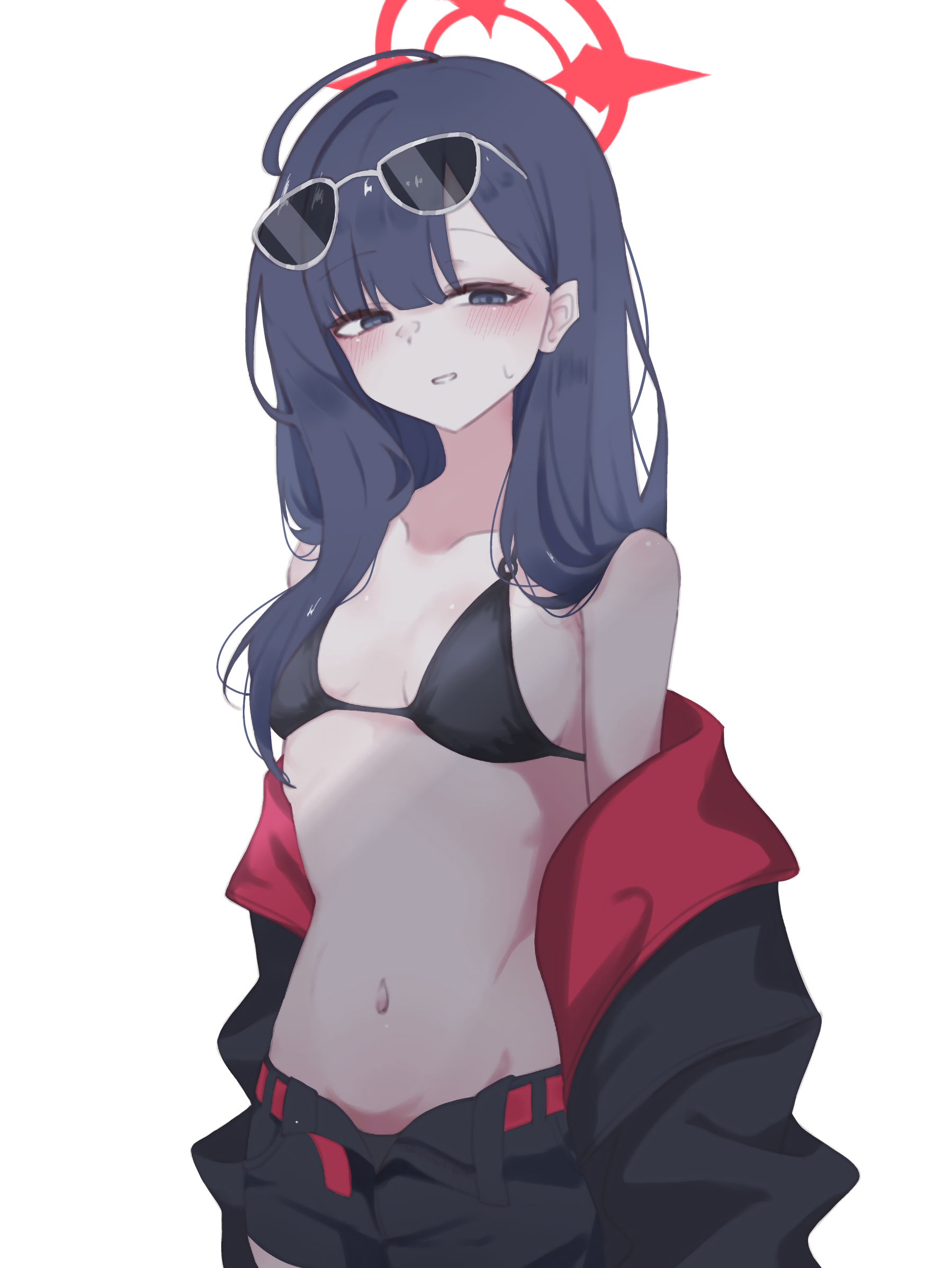 library l1brary (n! koppepan), ichika (blue archive), ichika (swimsuit) (blue archive), blue archive, commentary, highres, 1girl, bikini, black bikini, black shorts, blush, cowboy shot, eyewear on head, hair behind ear, half-closed eyes, halo, long hair, navel, off shoulder, official alternate costume, parted lips, purple eyes, purple hair, red halo, short shorts, shorts, simple background, solo, standing, sunglasses, sweatdrop, swimsuit, white background