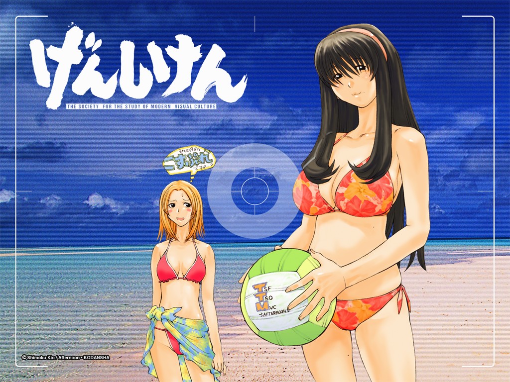 kio shimoku, hitomi (doa), kasukabe saki, oono kanako, afternoon (magazine), dead or alive, dead or alive xtreme beach volleyball, genshiken, tecmo, 2girls, :3, ball, beach, bikini, breasts, camera, cosplay, day, hairband, hitomi (cosplay), hitomi (doa) (cosplay), large breasts, mole, mole under eye, multiple girls, outdoors, swimsuit, volleyball, volleyball (object)