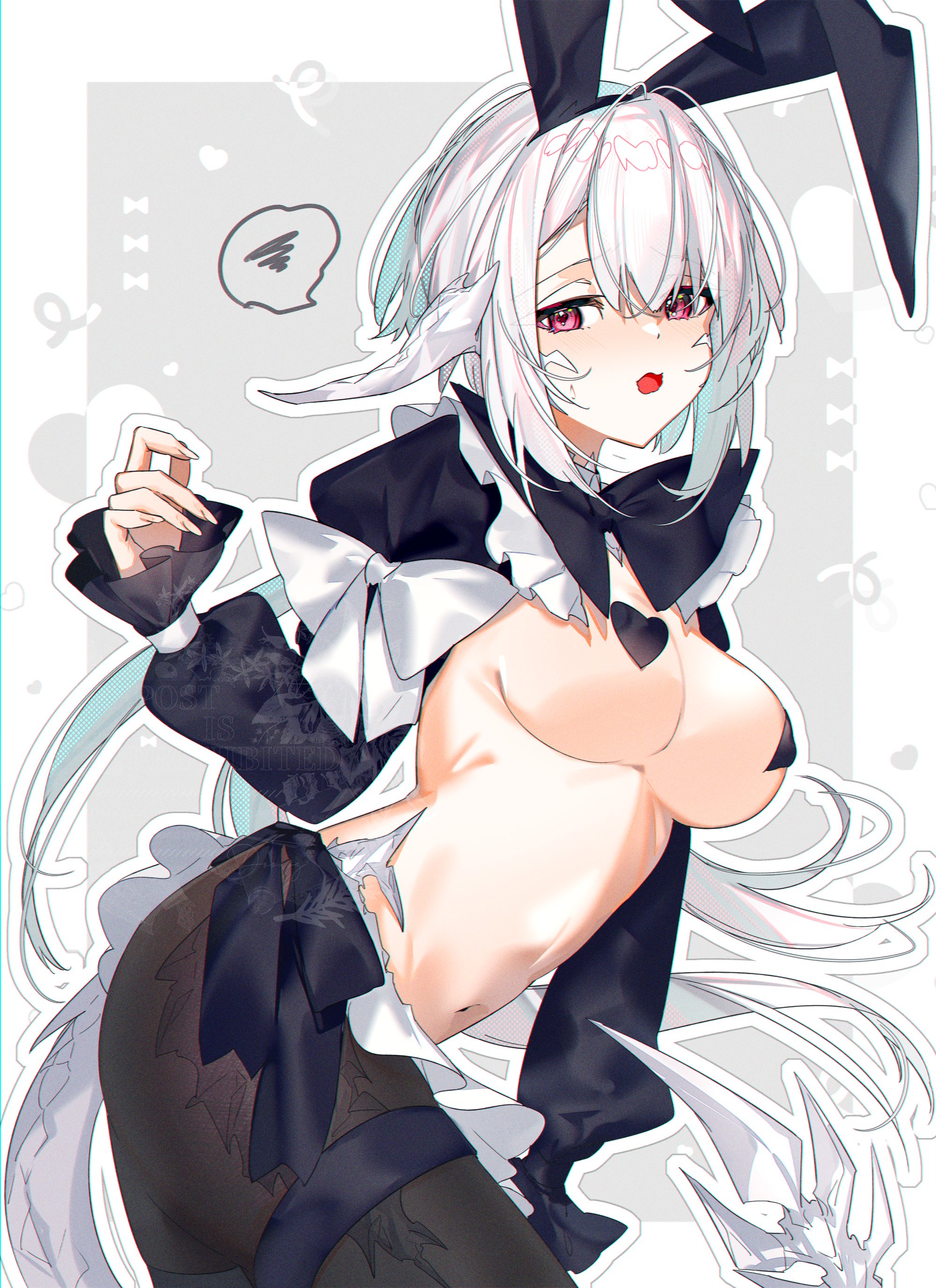 motsuni (lxxe1120), warrior of light (ff14), final fantasy, final fantasy xiv, absurdres, highres, 1girl, animal ears, au ra, black bow, black bowtie, bow, bowtie, breasts, dragon girl, dragon horns, dragon tail, fake animal ears, heart pasties, horns, long hair, looking at viewer, navel, pantyhose, pasties, rabbit ears, red eyes, revealing clothes, reverse bunnysuit, reverse outfit, scales, shrug (clothing), solo, stomach, tail, white hair