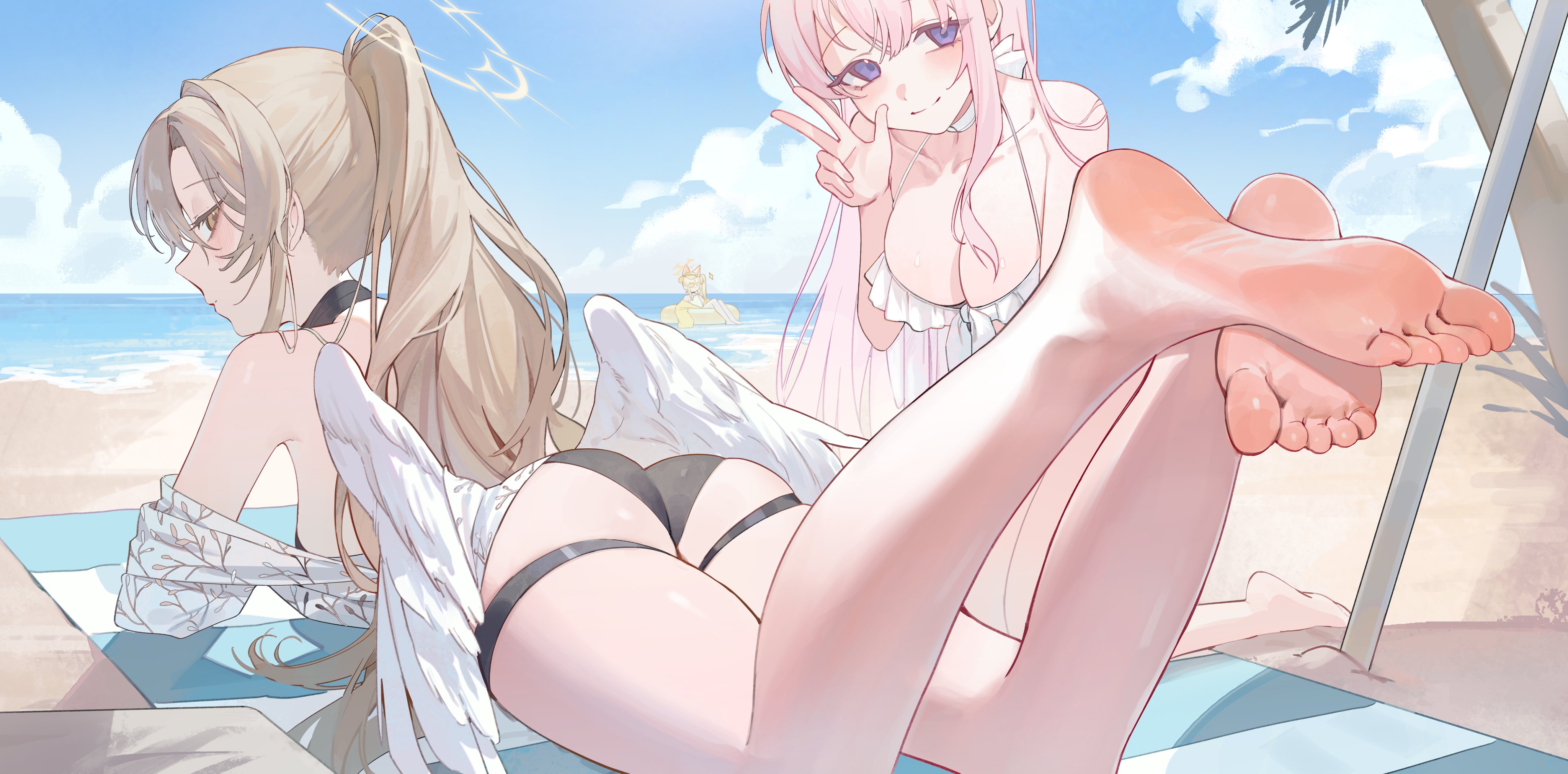 may.l, mika (blue archive), mika (swimsuit) (blue archive), nagisa (blue archive), nagisa (swimsuit) (blue archive), seia (blue archive), seia (swimsuit) (blue archive), blue archive, absurdres, highres, 2girls, angel wings, ass, black one-piece swimsuit, feathered wings, halo, low wings, multiple girls, official alternate costume, official alternate hairstyle, one-piece swimsuit, swimsuit, tea party (blue archive), white wings, wings