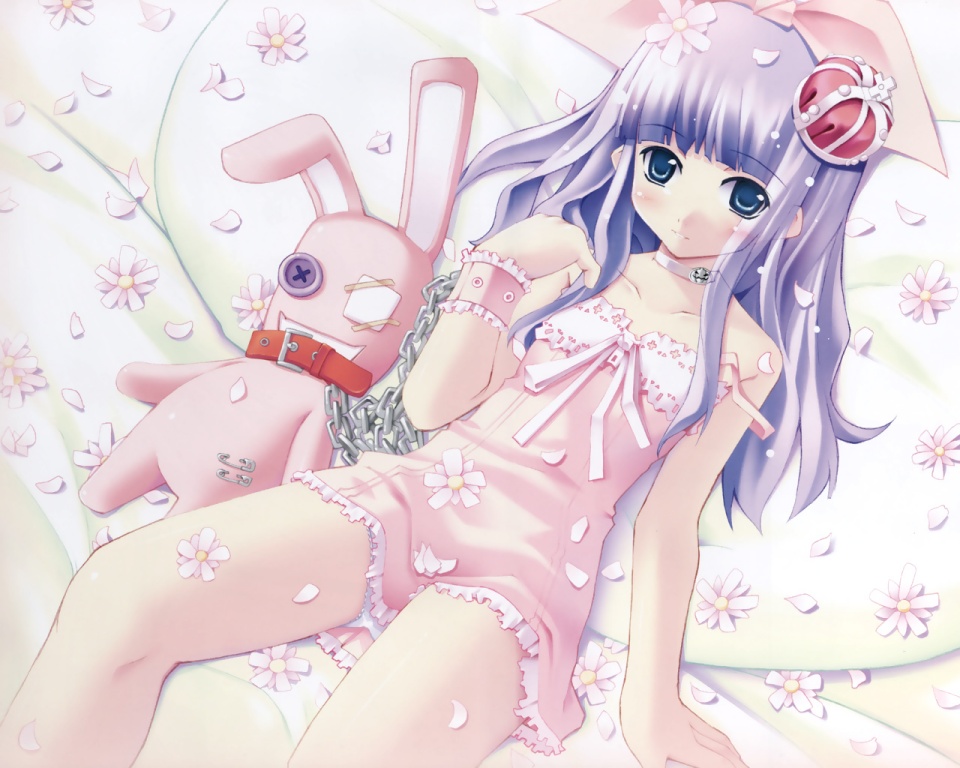 togami masaki, jojorino, yurina (nuiguruma), nuiguruma, 1girl, chain, choker, collar, collarbone, crown, female focus, flower, hat, long hair, lying, panties, pantyshot, petals, pink theme, purple hair, rabbit, safety pin, solo, stuffed animal, stuffed rabbit, stuffed toy, underwear, white panties, wrist cuffs