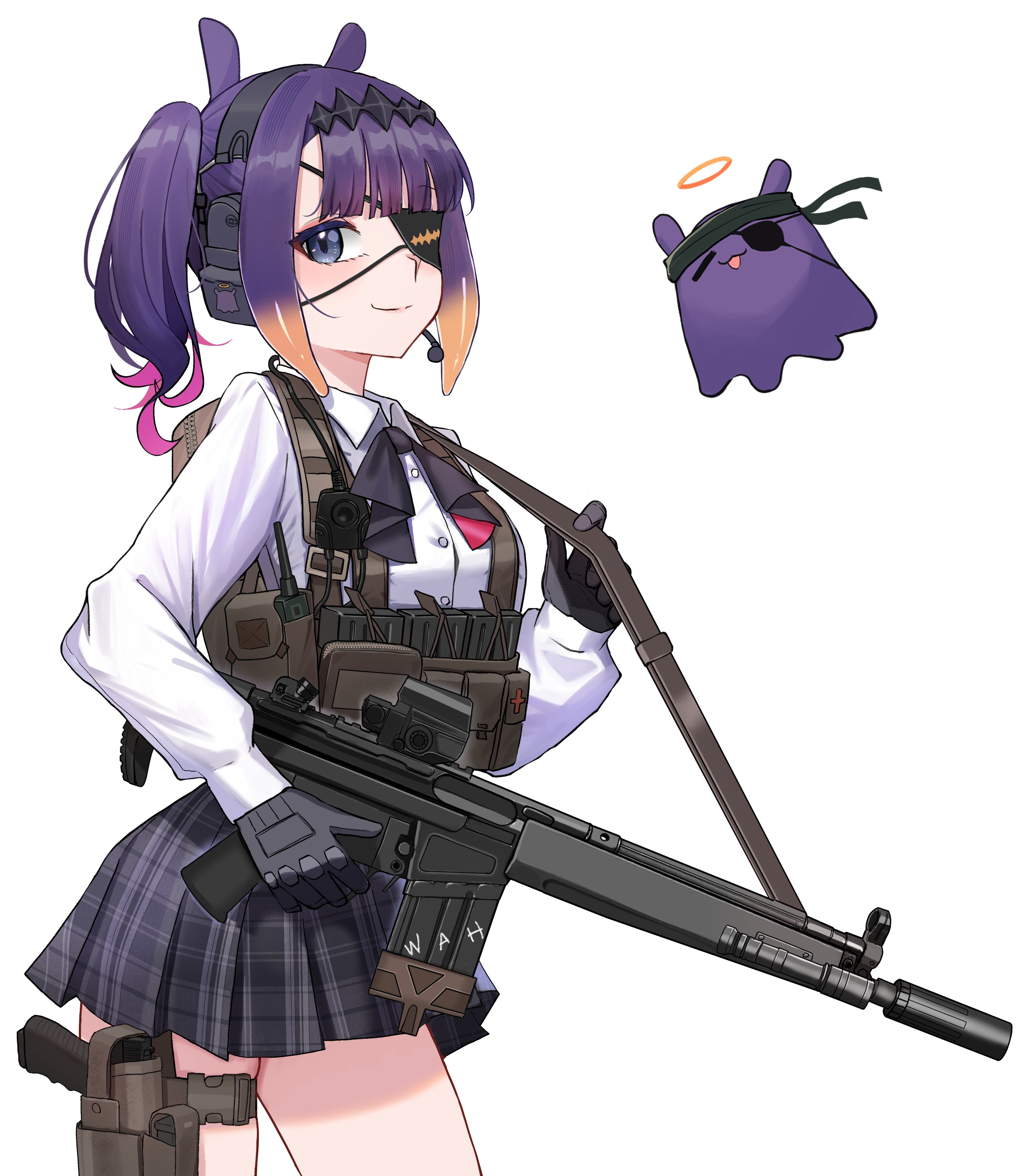 chrispy tuna, ninomae ina'nis, ninomae ina'nis (school uniform), takodachi (ninomae ina'nis), hololive, hololive english, absurdres, commentary, english commentary, highres, 1girl, battle rifle, black gloves, blunt bangs, eyepatch, glock, gloves, grey skirt, gun, h&k g3, halo, handgun, headpiece, headset, holding, holding gun, holding weapon, holster, long hair, long sleeves, looking at viewer, pleated skirt, purple eyes, purple hair, rifle, school uniform, shirt, side ponytail, simple background, skirt, solo, tactical school uniform, tentacle hair, thigh holster, virtual youtuber, walkie-talkie, weapon, white background, white shirt