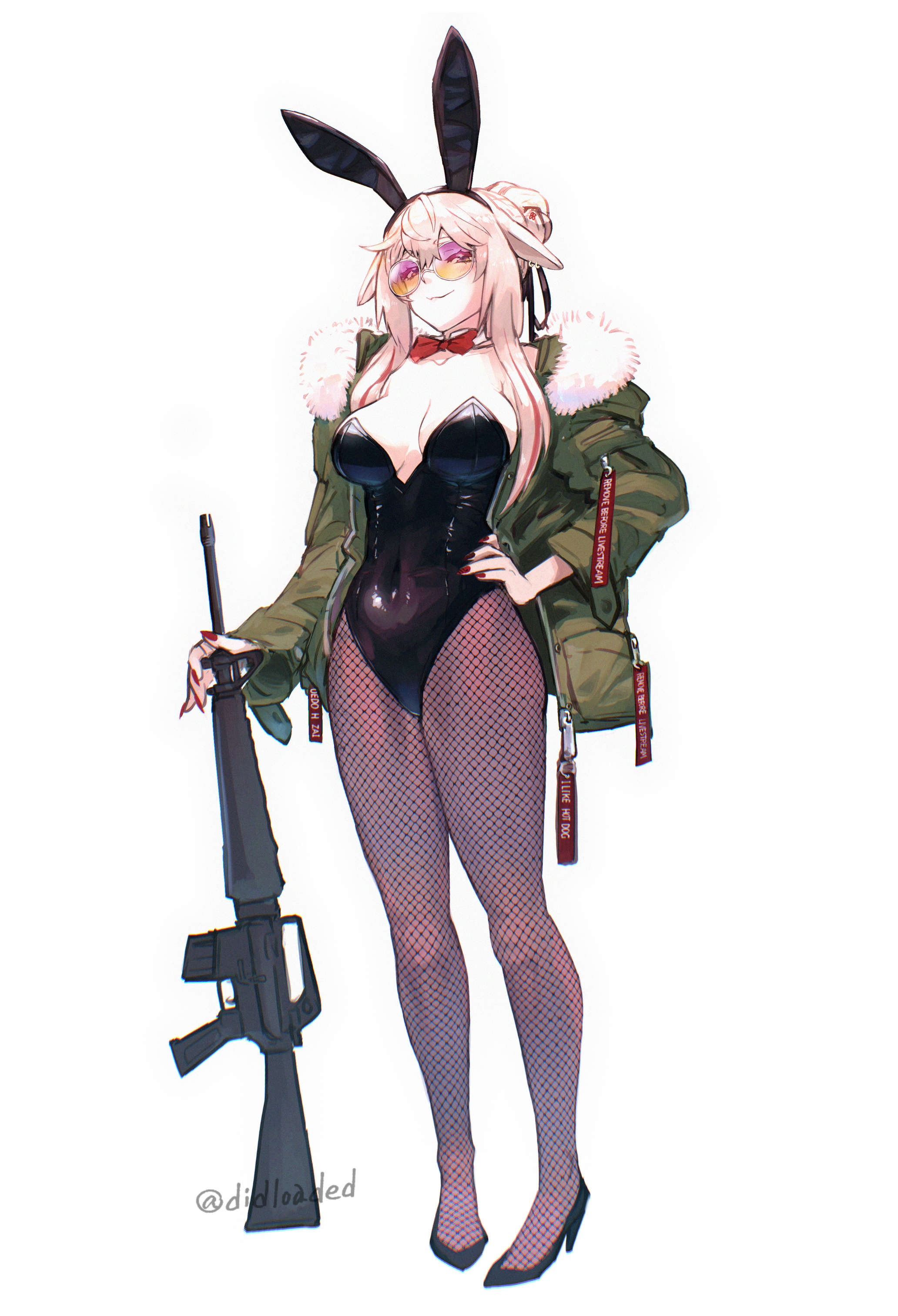 didloaded, mokota mememe, .live, absurdres, commentary, highres, 1girl, animal ear hairband, animal ears, artist name, assault rifle, black leotard, black pantyhose, black shoes, blonde hair, bow, bowtie, breasts, closed mouth, fake animal ears, fishnet pantyhose, fishnets, full body, fur-trimmed jacket, fur trim, green jacket, gun, hairband, hand on own hip, high heels, holding, holding gun, holding weapon, jacket, large breasts, leotard, long hair, looking at viewer, m16, m16a1, open clothes, open jacket, pantyhose, playboy bunny, rabbit ears, red bow, red bowtie, red nails, rifle, shoes, simple background, smile, solo, sunglasses, twitter username, virtual youtuber, weapon, white background