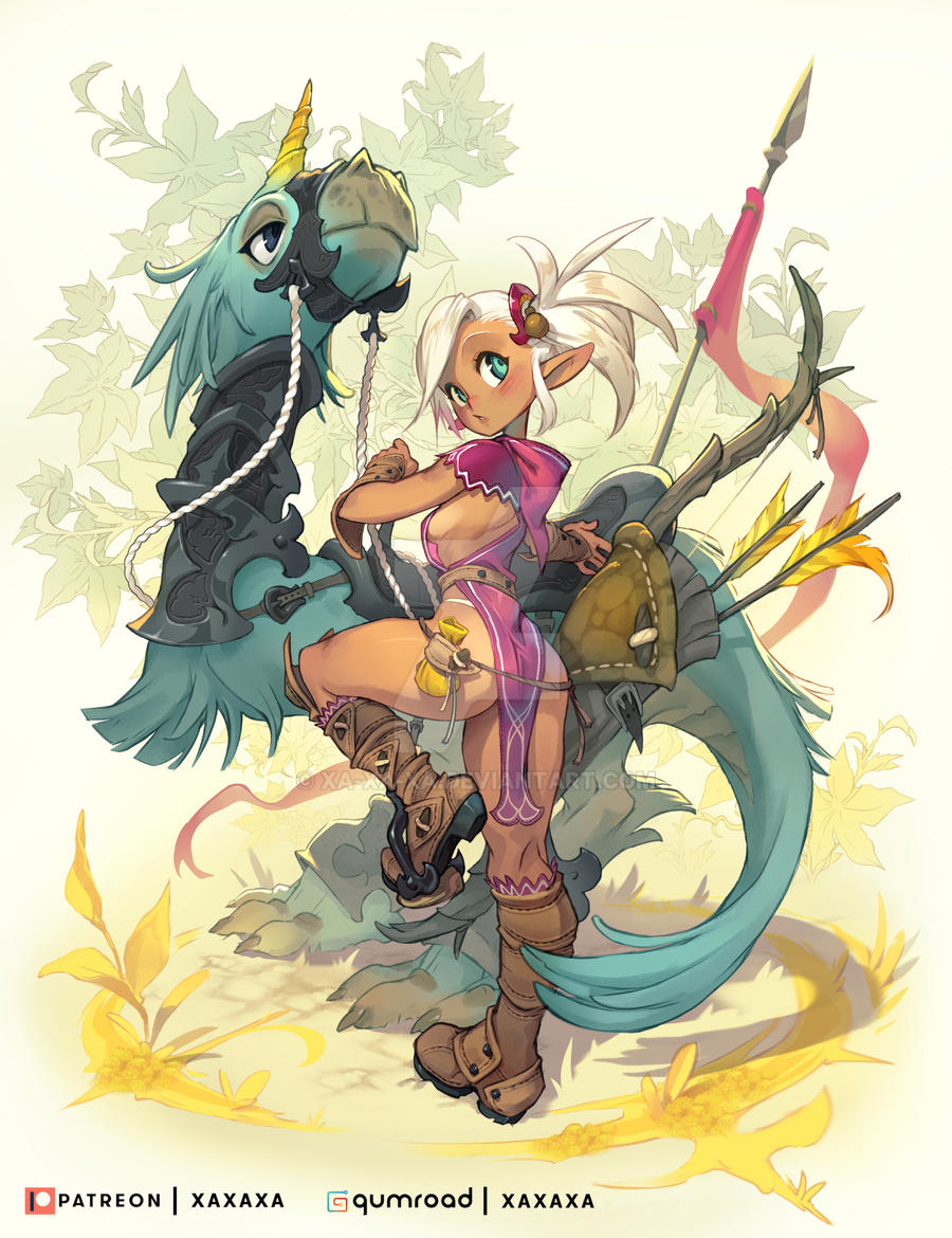xaxaxa, original, 1girl, arrow (projectile), banner, blush, boots, bow (weapon), breasts, bridle, elf, green eyes, horns, lance, pointy ears, polearm, pouch, quiver, riding, riding animal, saddle, sideboob, single horn, solo, spear, tan, tanline, tribal, vambraces, weapon, white hair