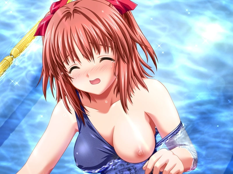 nekonyan, makino konoha, raspberry (game), game cg, non-web source, 1girl, blush, breast slip, breasts, closed eyes, female focus, nipples, one-piece swimsuit, one breast out, open mouth, pool, red hair, school swimsuit, solo, strap slip, swimsuit, tears, wardrobe malfunction, water, wet