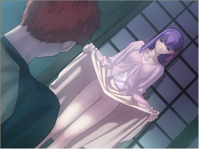 takeuchi takashi, emiya shirou, matou sakura, fate/stay night, fate (series), game cg, 00s, 1boy, 1girl, censored, clothes lift, dress, dress lift, dutch angle, lifting own clothes, long sleeves, mosaic censoring, no panties, purple hair, pussy, pussy juice, skirt, skirt lift, standing