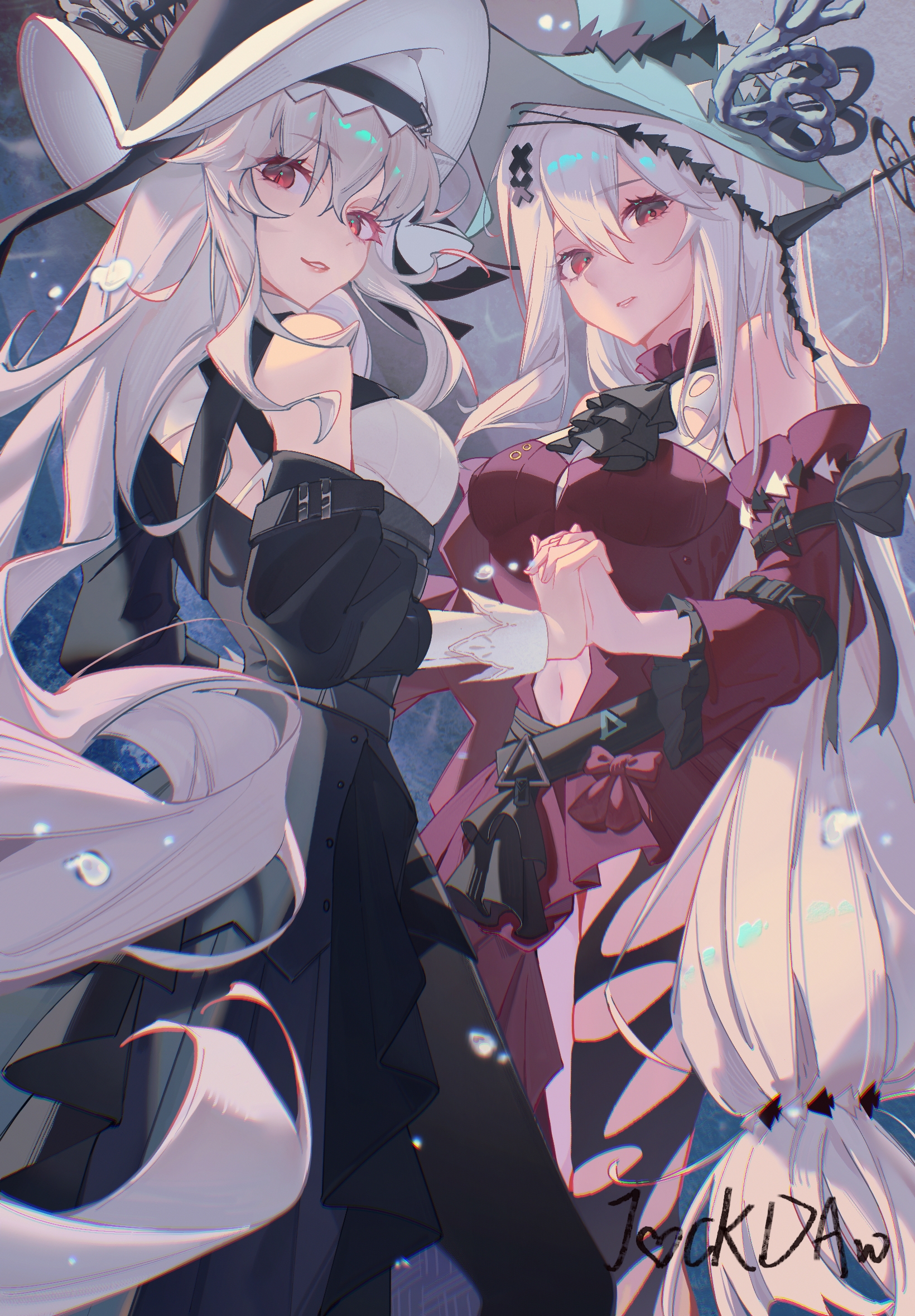 skadi (arknights), skadi the corrupting heart (arknights), specter (arknights), specter the unchained (arknights), arknights, chinese commentary, commentary request, highres, 2girls, aqua hat, ascot, bare shoulders, black ascot, black hat, black pantyhose, black sleeves, breasts, cainiaokeyichima, chromatic aberration, clothing cutout, cowboy shot, detached sleeves, grey hair, hair between eyes, hat, holding hands, interlocked fingers, light smile, long hair, long sleeves, looking at viewer, medium breasts, multiple girls, navel, navel cutout, pantyhose, parted lips, red eyes, red sleeves, standing, torn clothes, torn pantyhose, two-sided fabric, two-sided headwear, very long hair, water, water drop, white hat