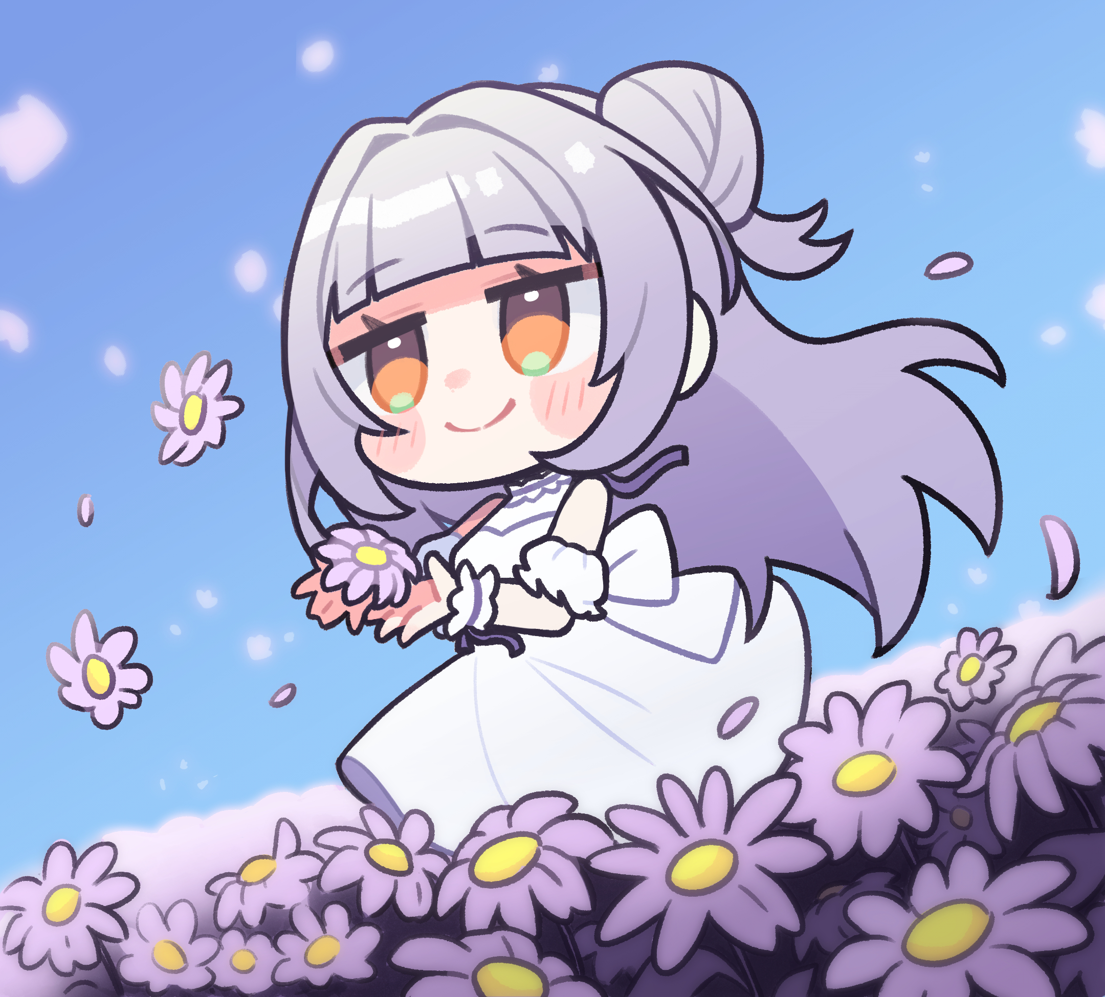 nekotaririn, murasaki shion, hololive, commentary, highres, 1girl, bare shoulders, blue sky, blunt bangs, blush stickers, chibi, chibi only, closed mouth, day, detached sleeves, dress, falling petals, field, flower, flower field, hair bun, long hair, orange eyes, outdoors, petals, purple flower, purple hair, short sleeves, sky, smile, solo, standing, virtual youtuber, white dress, white sleeves, wrist cuffs
