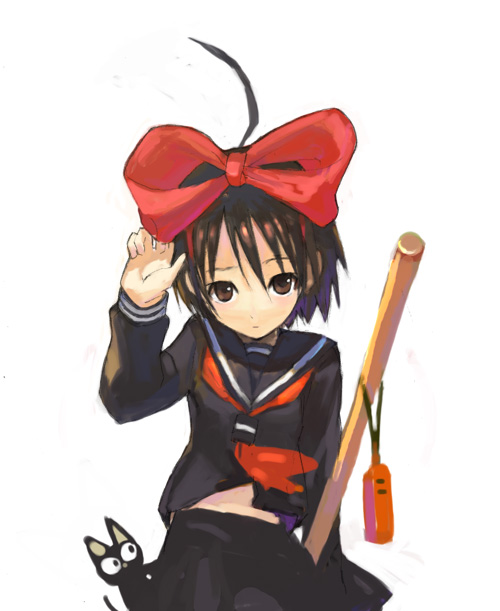 jiji (aardvark), jiji (majo no takkyuubin), kiki (majo no takkyuubin), majo no takkyuubin, studio ghibli, 1980s (style), black cat, bow, broom, brown eyes, brown hair, cat, hair bow, oldschool, retro artstyle, school uniform, serafuku, solo