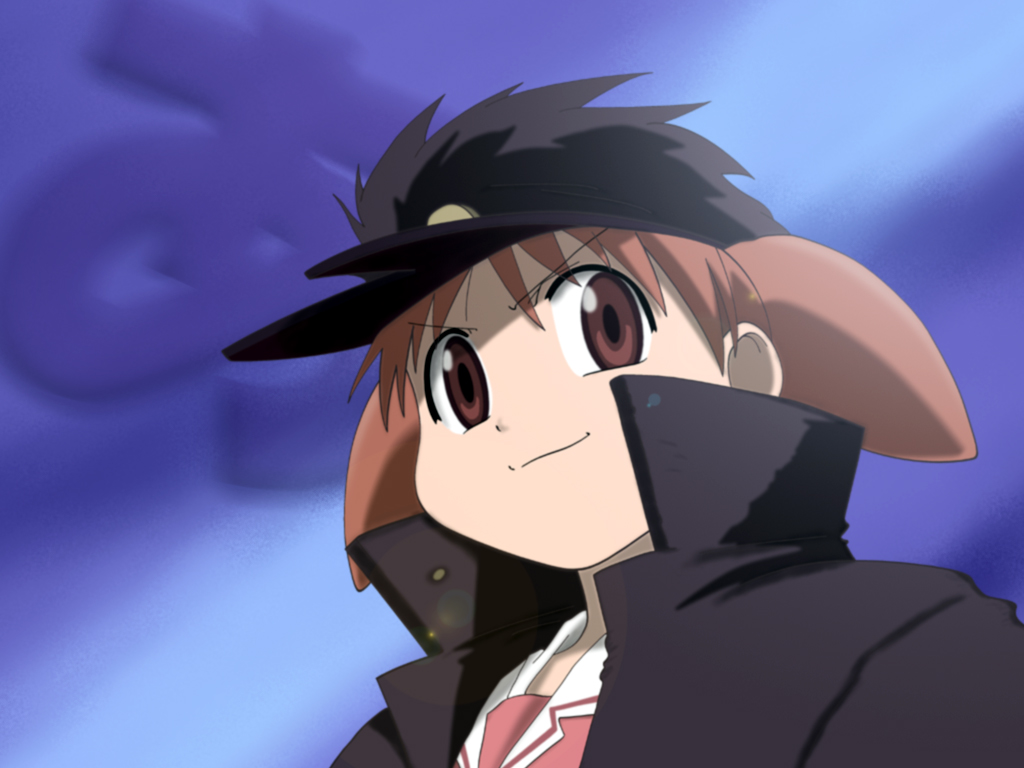 kuujou joutarou, mihama chiyo, azumanga daiou, jojo no kimyou na bouken, 1girl, banchou, brown eyes, brown hair, child, cosplay, delinquent, female focus, gakuran, kujo jotaro (cosplay), manly, orange hair, parody, school uniform, serafuku, short twintails, solo, twintails