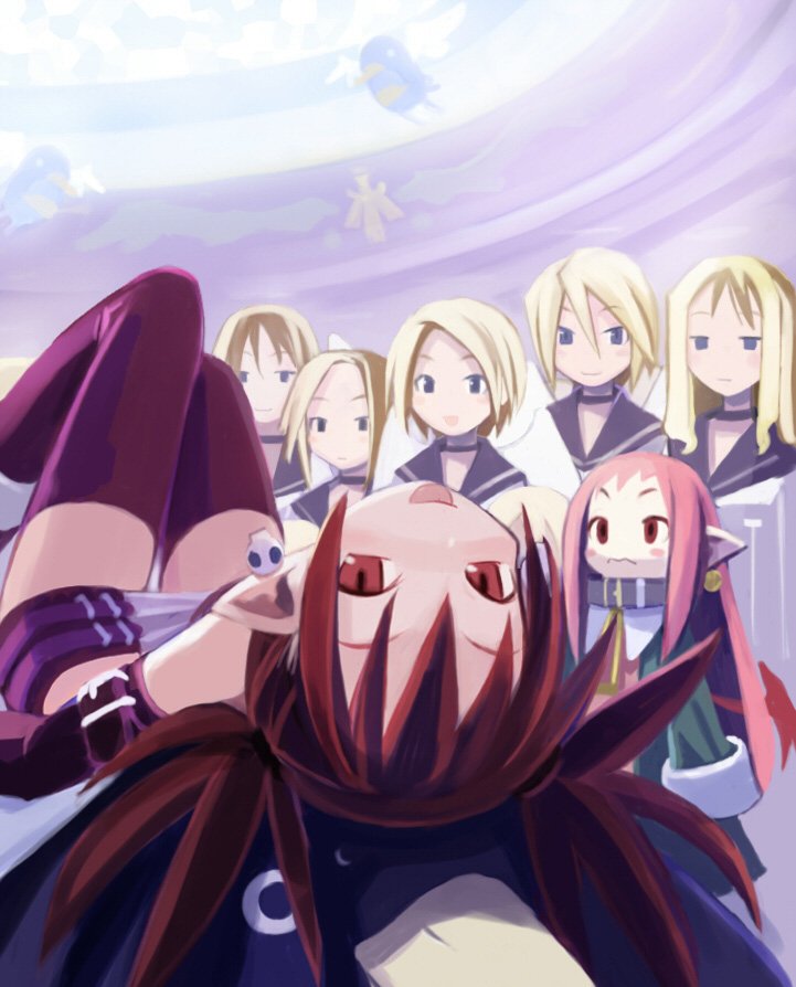 harada takehito, aramis (disgaea), etna (disgaea), prinny, disgaea, makai senki disgaea, makai senki disgaea 2, duplicate, 00s, 6+girls, bat wings, demon girl, elbow gloves, gloves, miniskirt, multiple girls, red eyes, red hair, skirt, solo focus, thighhighs, twintails, wings