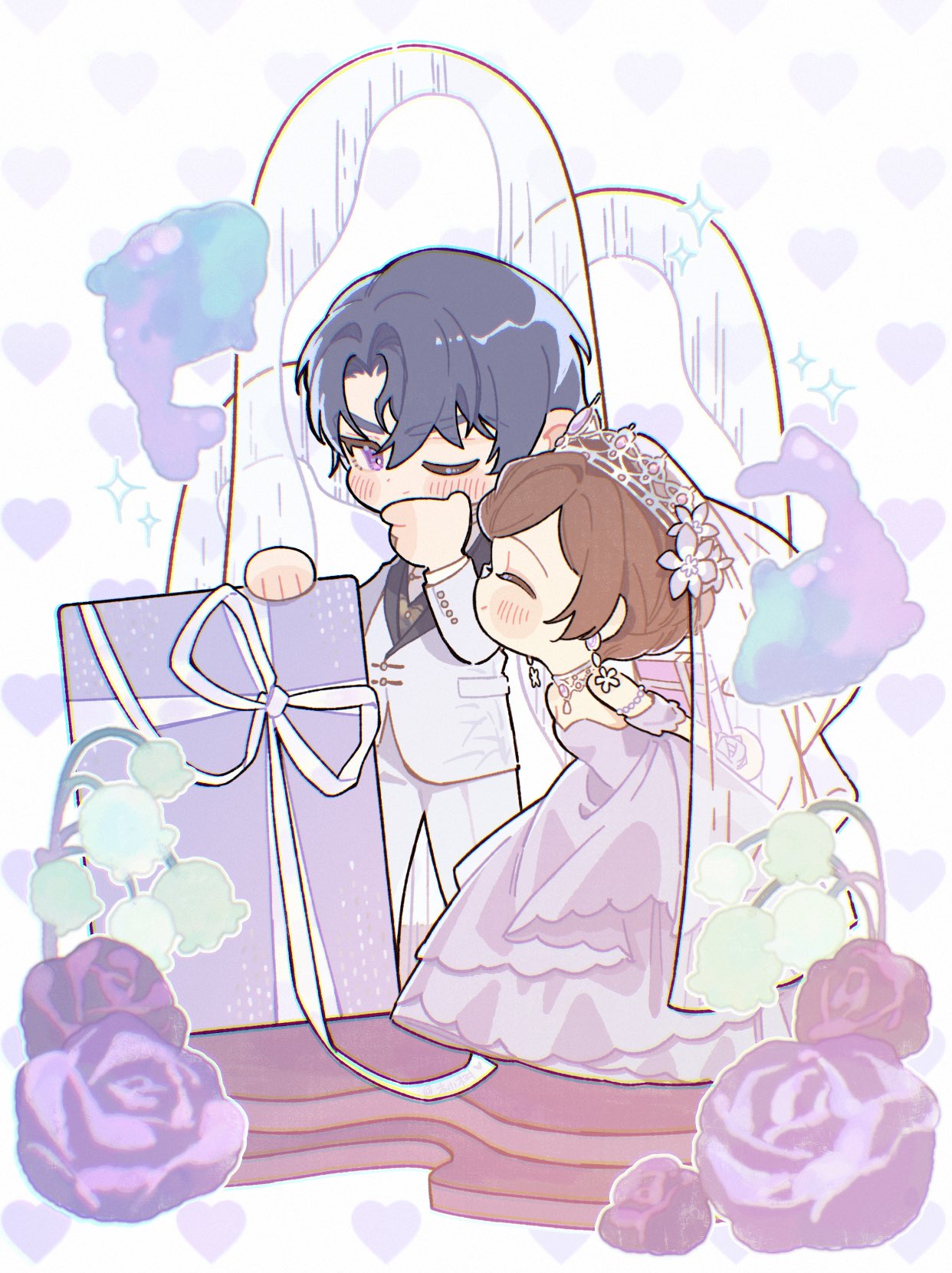 littletreeee, marius von hagen (tears of themis), rosa (tears of themis), tears of themis, highres, 1boy, 1girl, bare shoulders, black hair, blush stickers, breasts, bride, brown hair, chibi, closed eyes, closed mouth, dress, flower, grey background, grey dress, groom, hair between eyes, heart, heart background, jacket, one eye closed, pants, profile, purple eyes, purple flower, purple rose, rose, shirt, small breasts, standing, strapless, strapless dress, thick eyebrows, tiara, v-shaped eyebrows, veil, white jacket, white pants, white shirt