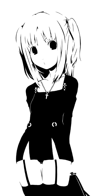 imaizumi teruhiko, amane misa, death note, 00s, 1girl, cross, female focus, garter belt, greyscale, high contrast, latin cross, lingerie, monochrome, panties, pantyshot, solo, thighhighs, two side up, underwear